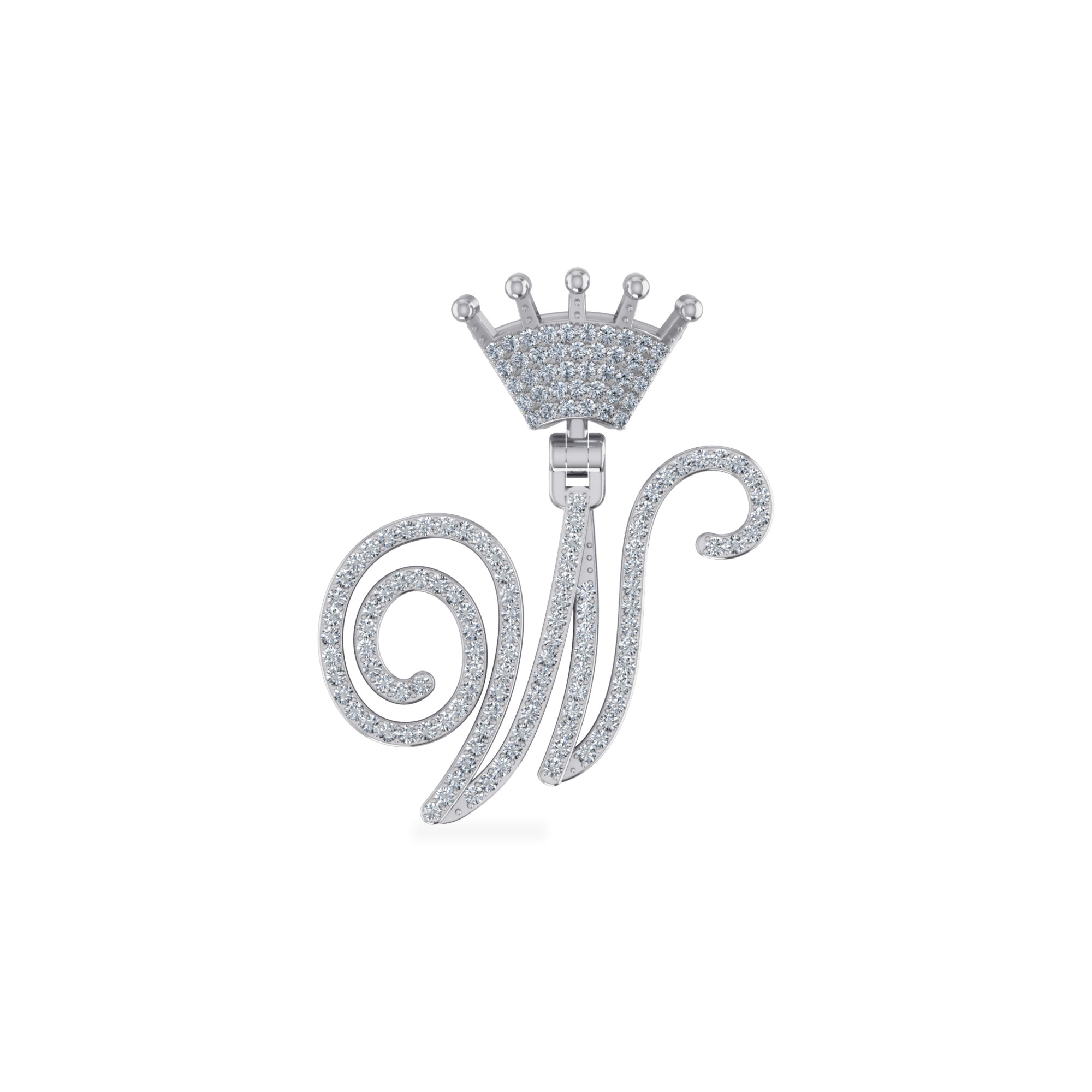 10K White Gold Round Diamond Crown W Letter Initial Pendant 1/4 Cttw