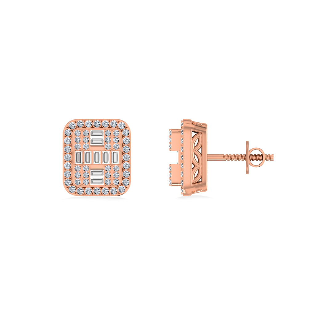 10K Rose Gold Round Baguette Diamond Square Shape Designer Mens Stud Earring 3/8 Cttw crafted in yellow gold with round brilliant diamonds