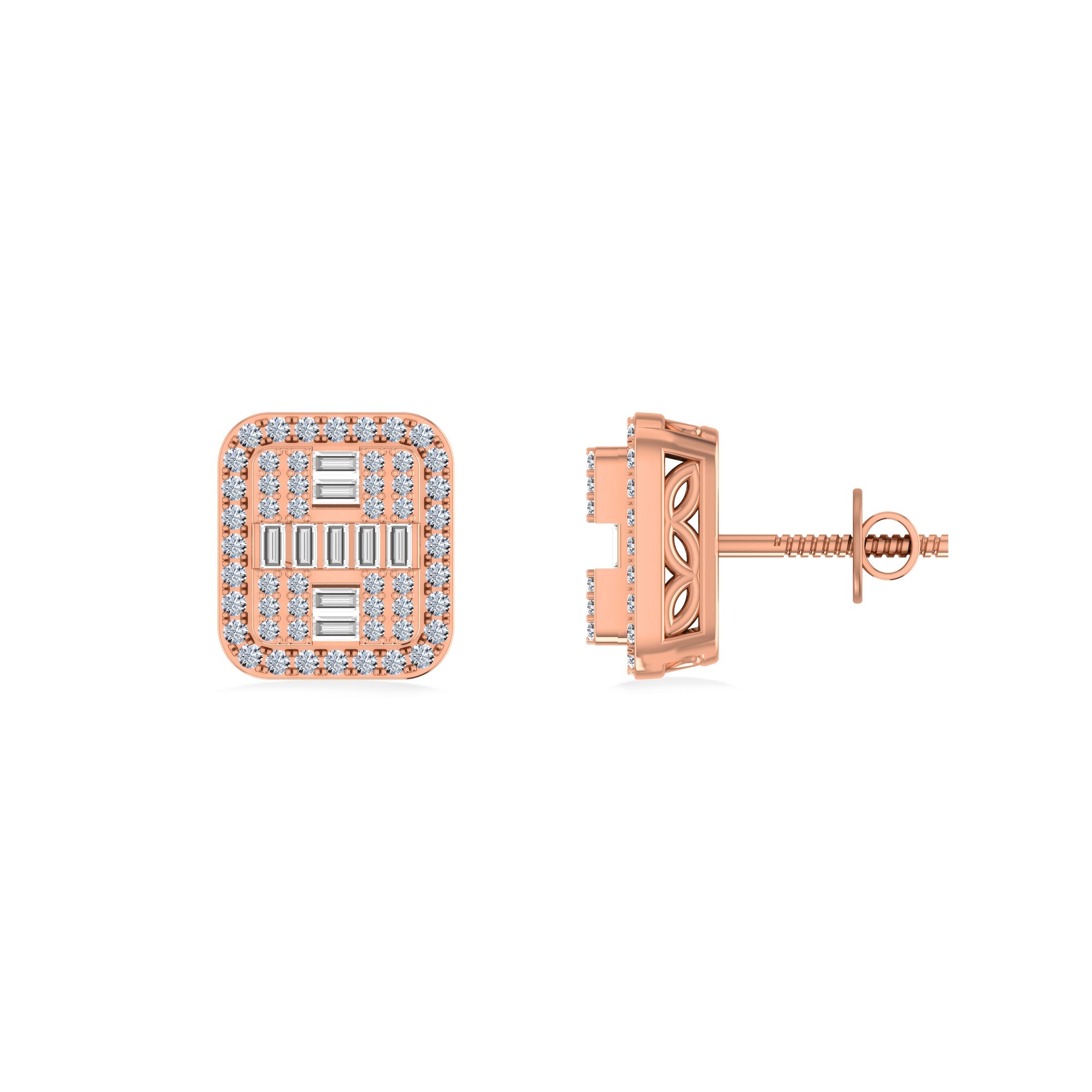 10K Rose Gold Round Baguette Diamond Square Shape Designer Mens Stud Earring 3/8 Cttw crafted in yellow gold with round brilliant diamonds