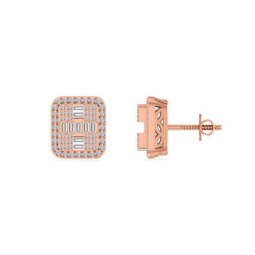 10K Rose Gold Round Baguette Diamond Square Shape Designer Mens Stud Earring 3/8 Cttw crafted in yellow gold with round brilliant diamonds