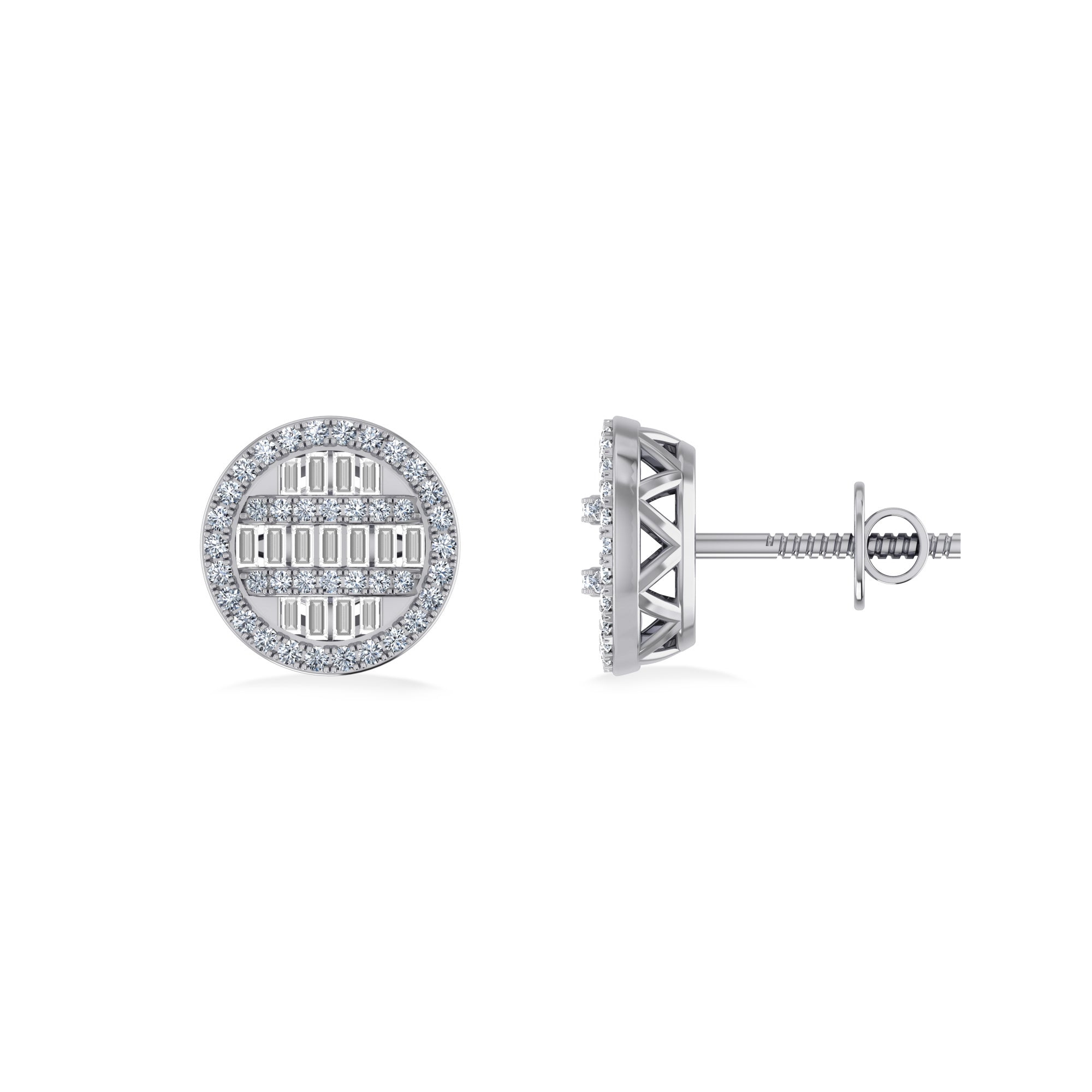 10K White Gold Round Baguette Diamond Designer Mens Stud Earring 3/8 Cttw crafted in 18K gold with brilliant-cut diamonds