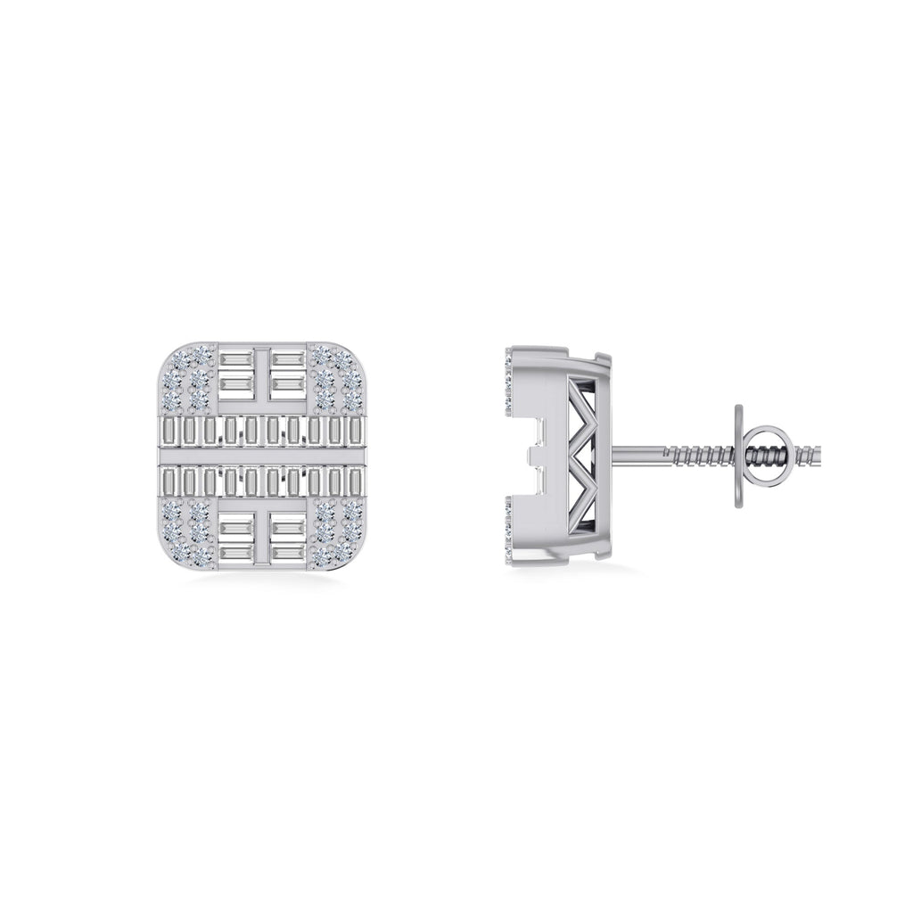 10K White Gold Round Diamond Square Shape Designer Mens Stud Earring 1/3 Cttw