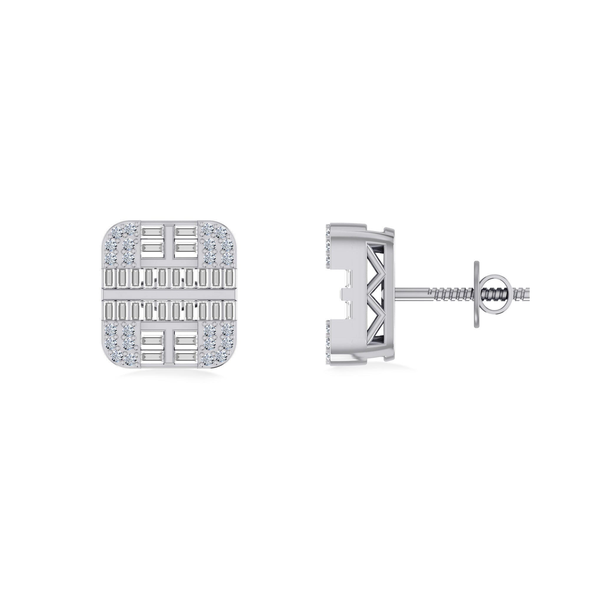 10K White Gold Round Diamond Square Shape Designer Mens Stud Earring 1/3 Cttw