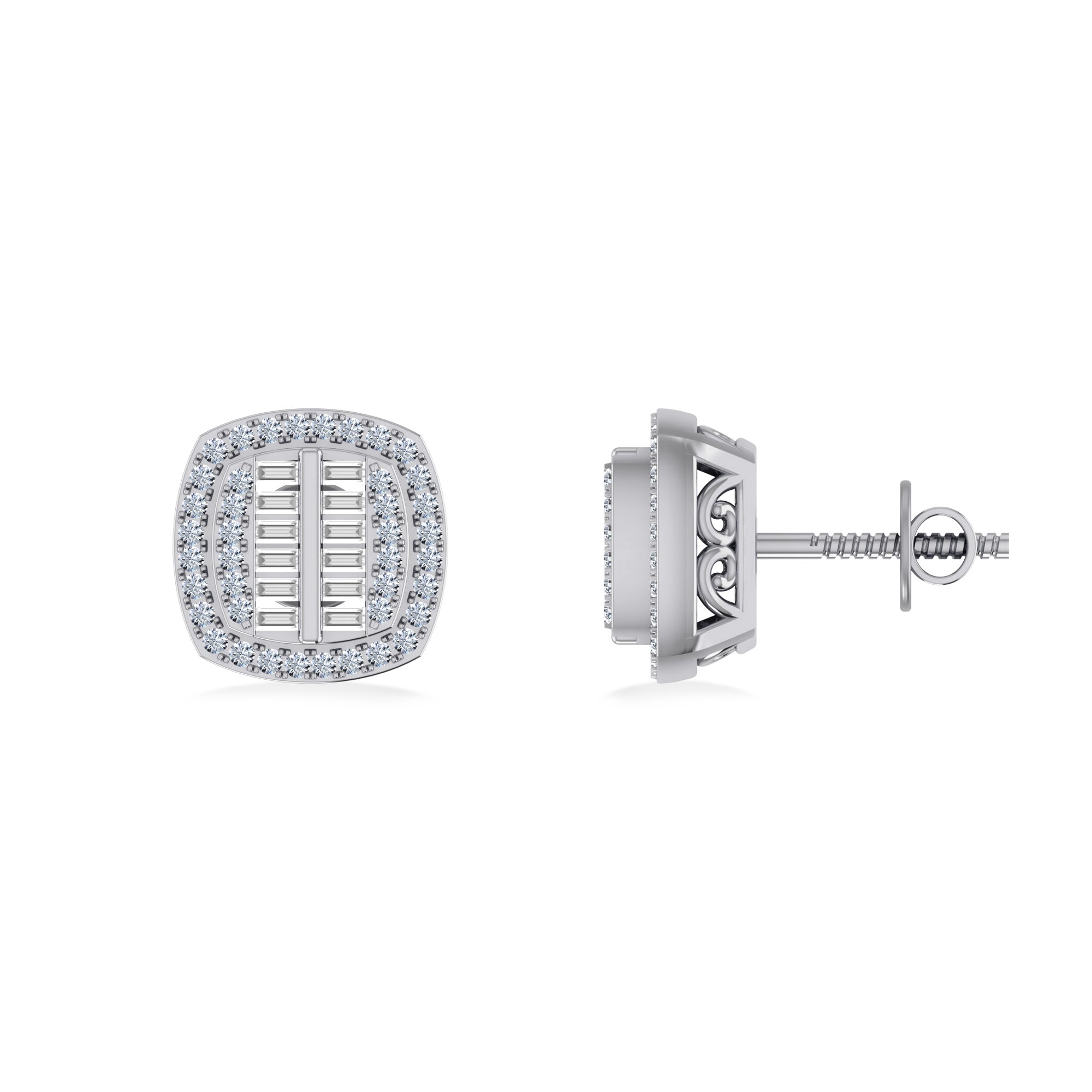 10K White Gold Round Baguette Diamond Square Shape Designer Mens Stud Earring 1/3 Cttw crafted in yellow gold with natural diamonds