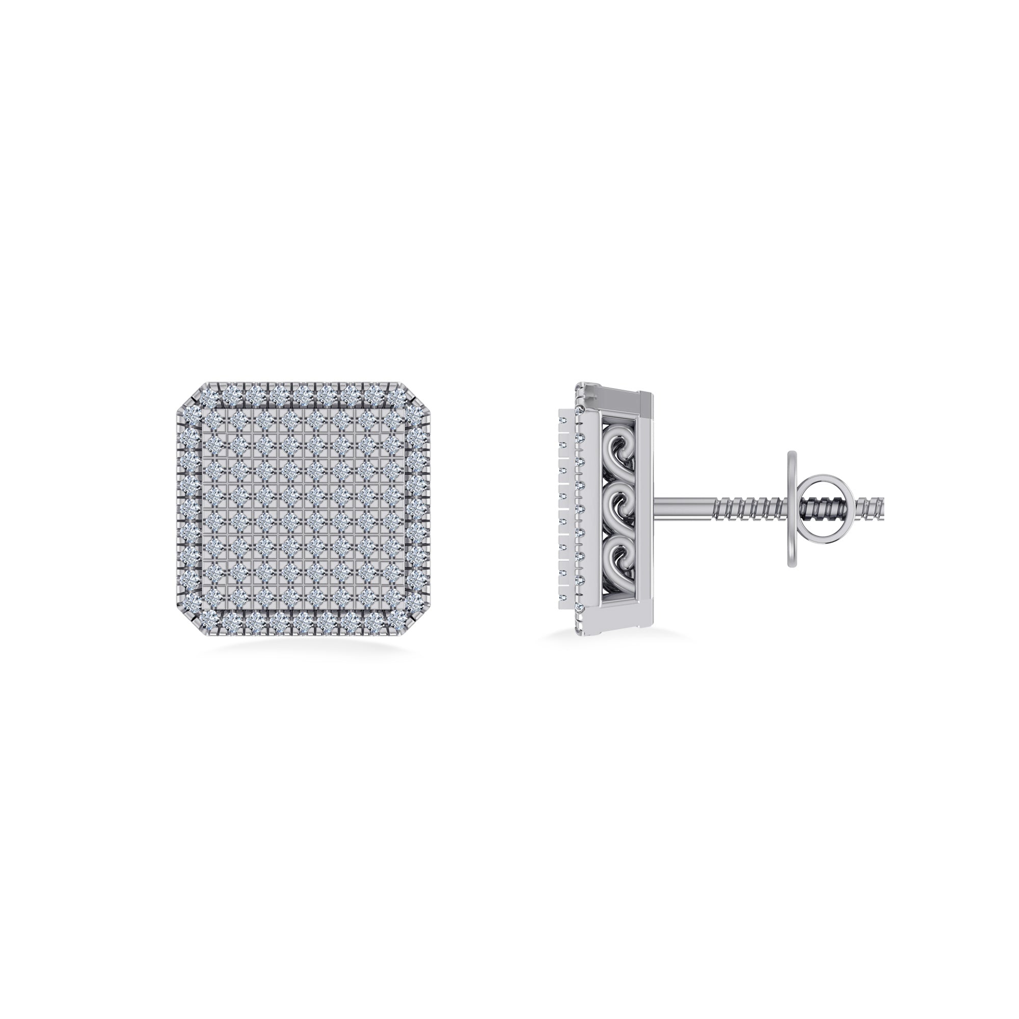 10K White Gold Round Diamond Square Shape Designer Mens Stud Earring 1/3 Cttw