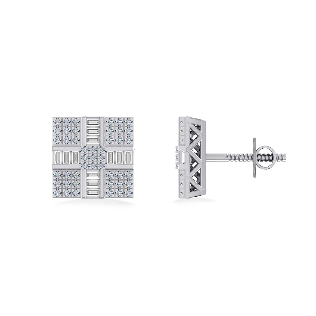 10K White Gold Round Baguette Diamond Square Shape Designer Mens Stud Earring 1/3 Cttw