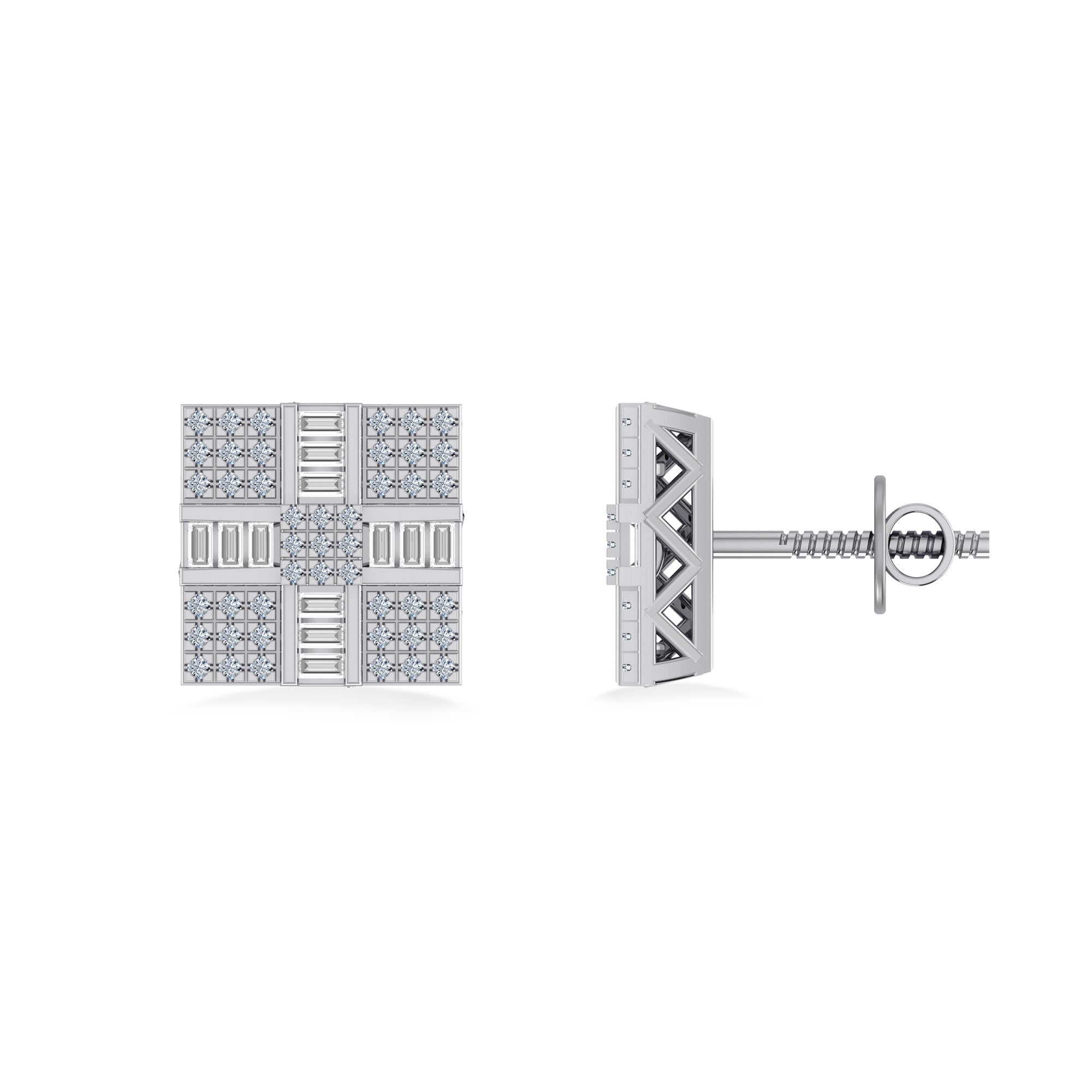 10K White Gold Round Baguette Diamond Square Shape Designer Mens Stud Earring 1/3 Cttw