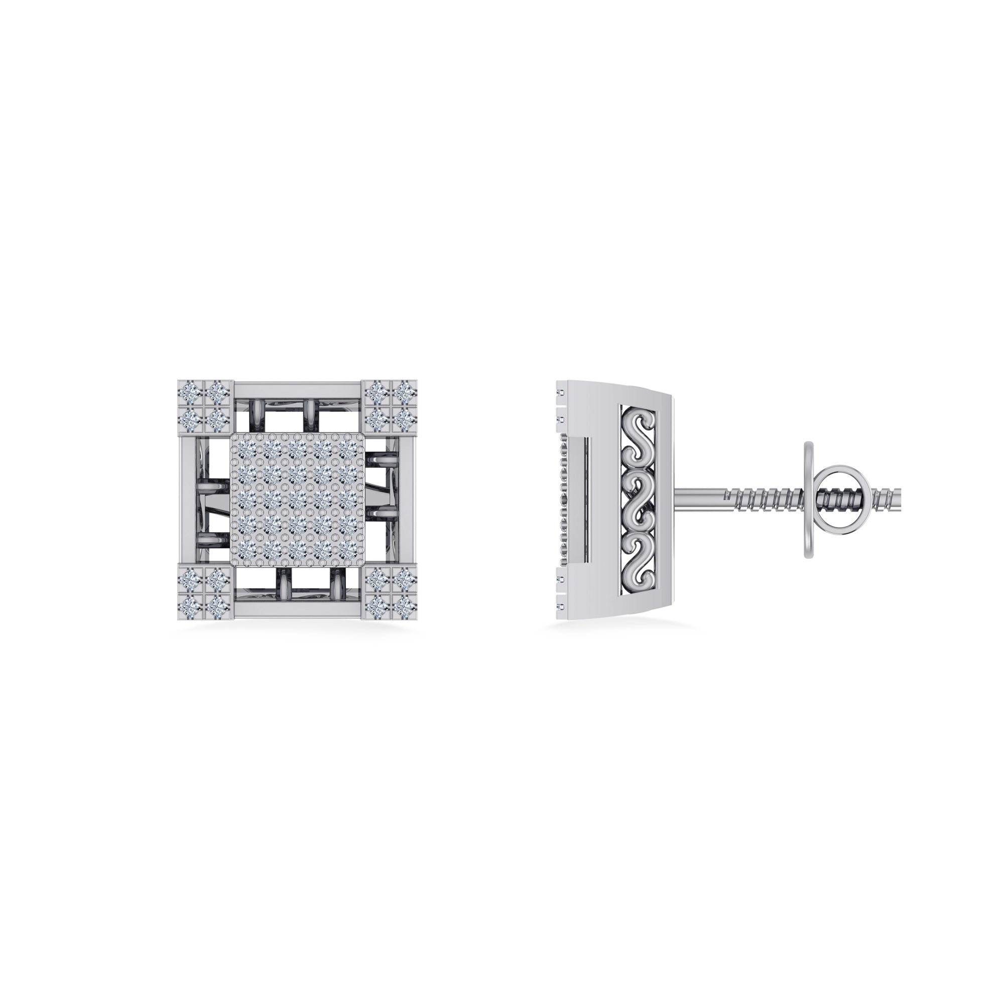 10K White Gold Round Baguette Diamond Square Shape Designer Mens Stud Earring 3/8 Cttw