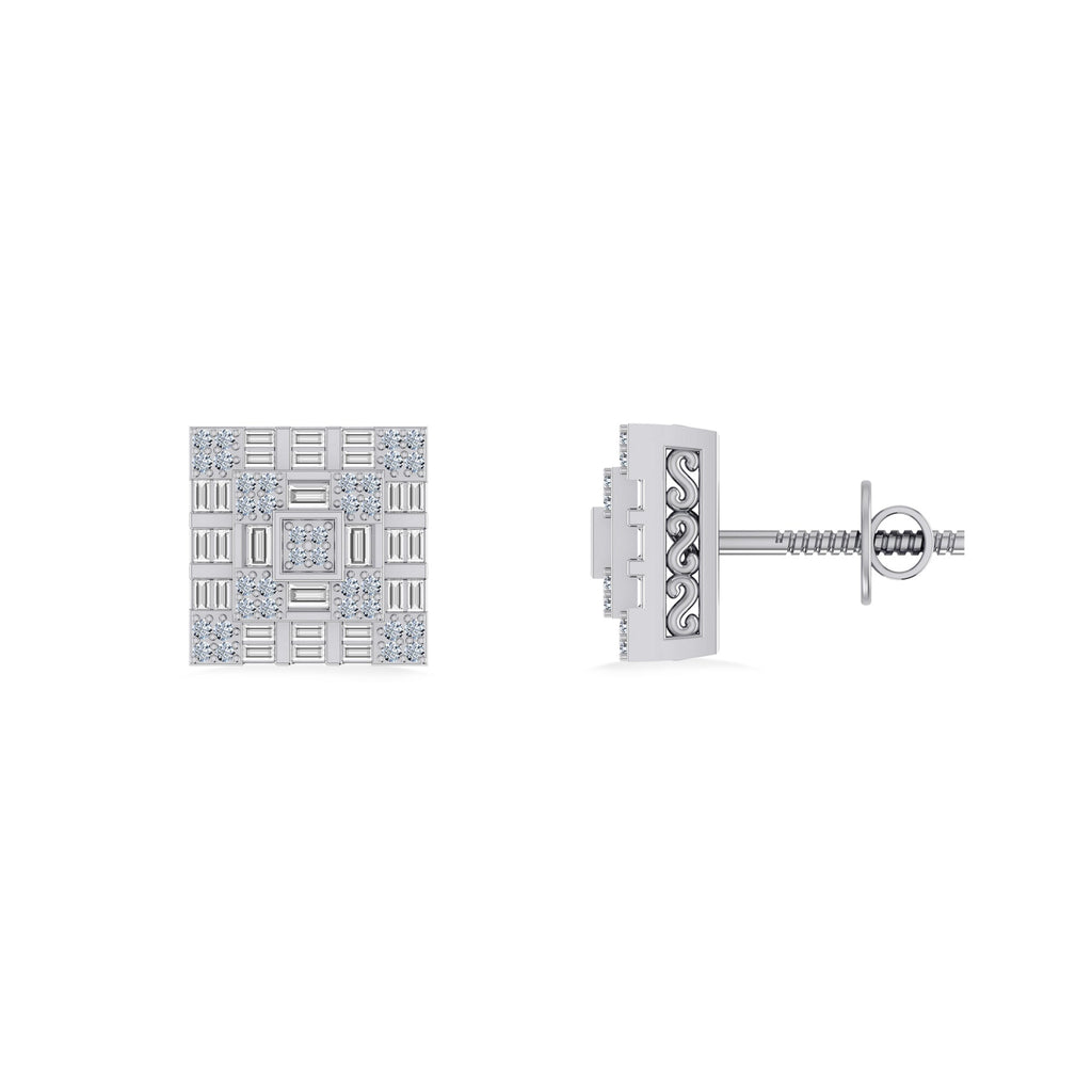 10K White Gold Round Baguette Diamond Square Shape Designer Mens Stud Earring 3/8 Cttw