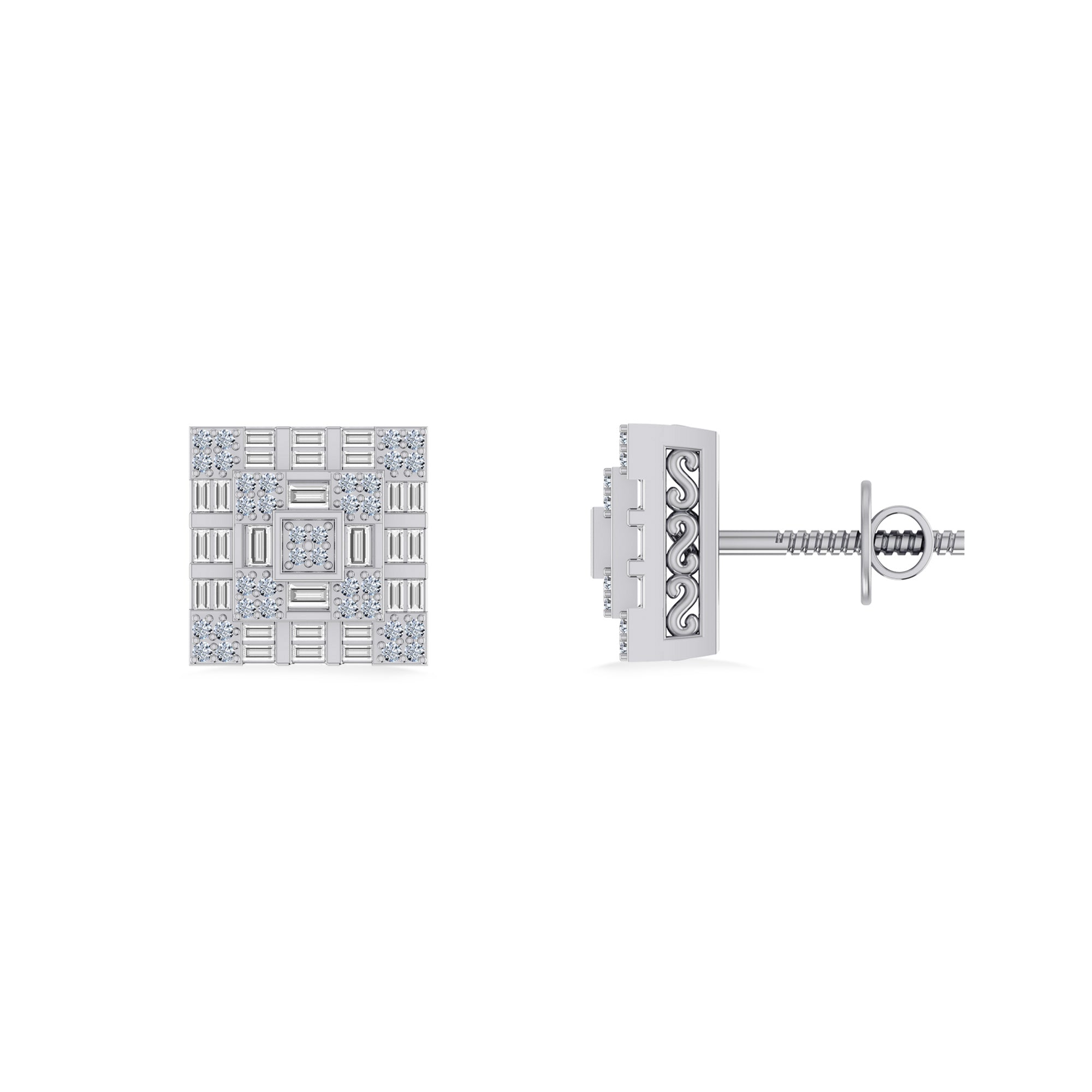 10K White Gold Round Baguette Diamond Square Shape Designer Mens Stud Earring 3/8 Cttw