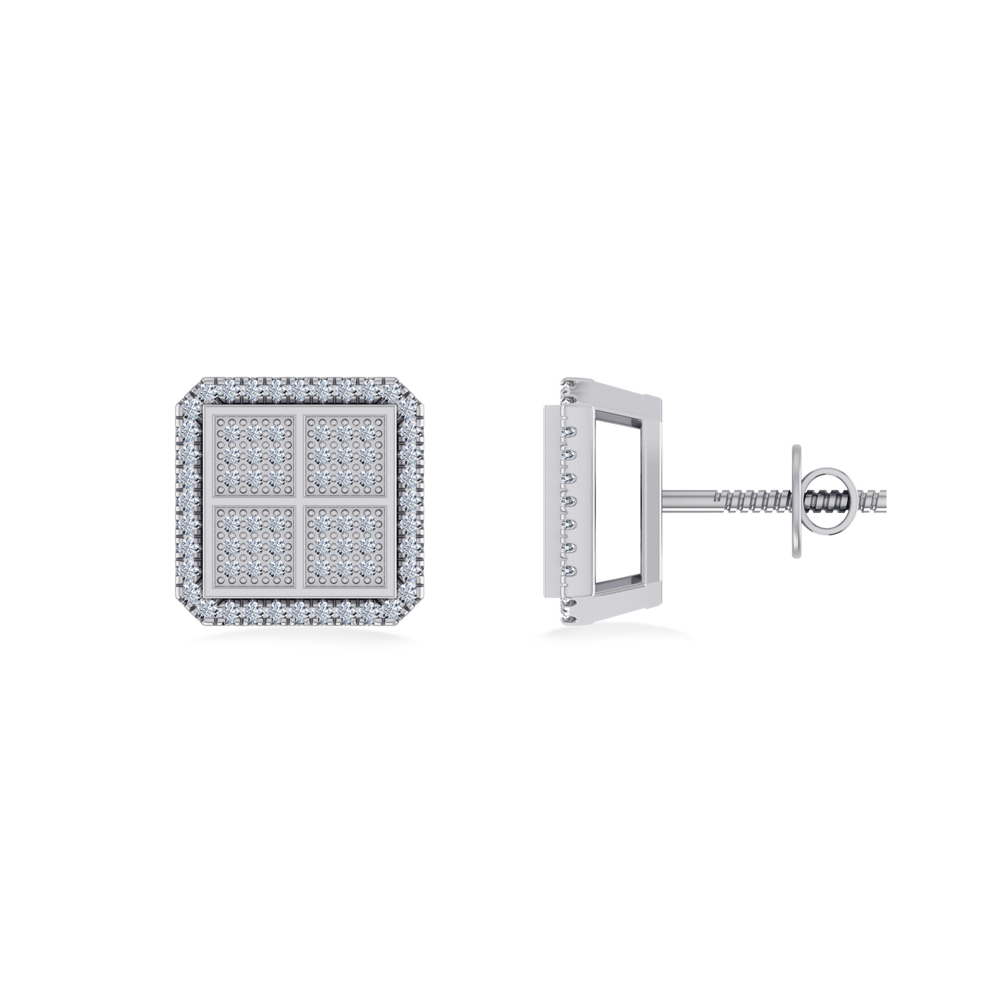 10K White Gold Round Baguette Diamond Square Shape Designer Mens Stud Earring 1/5 Cttw crafted in yellow gold with brilliant-cut diamonds