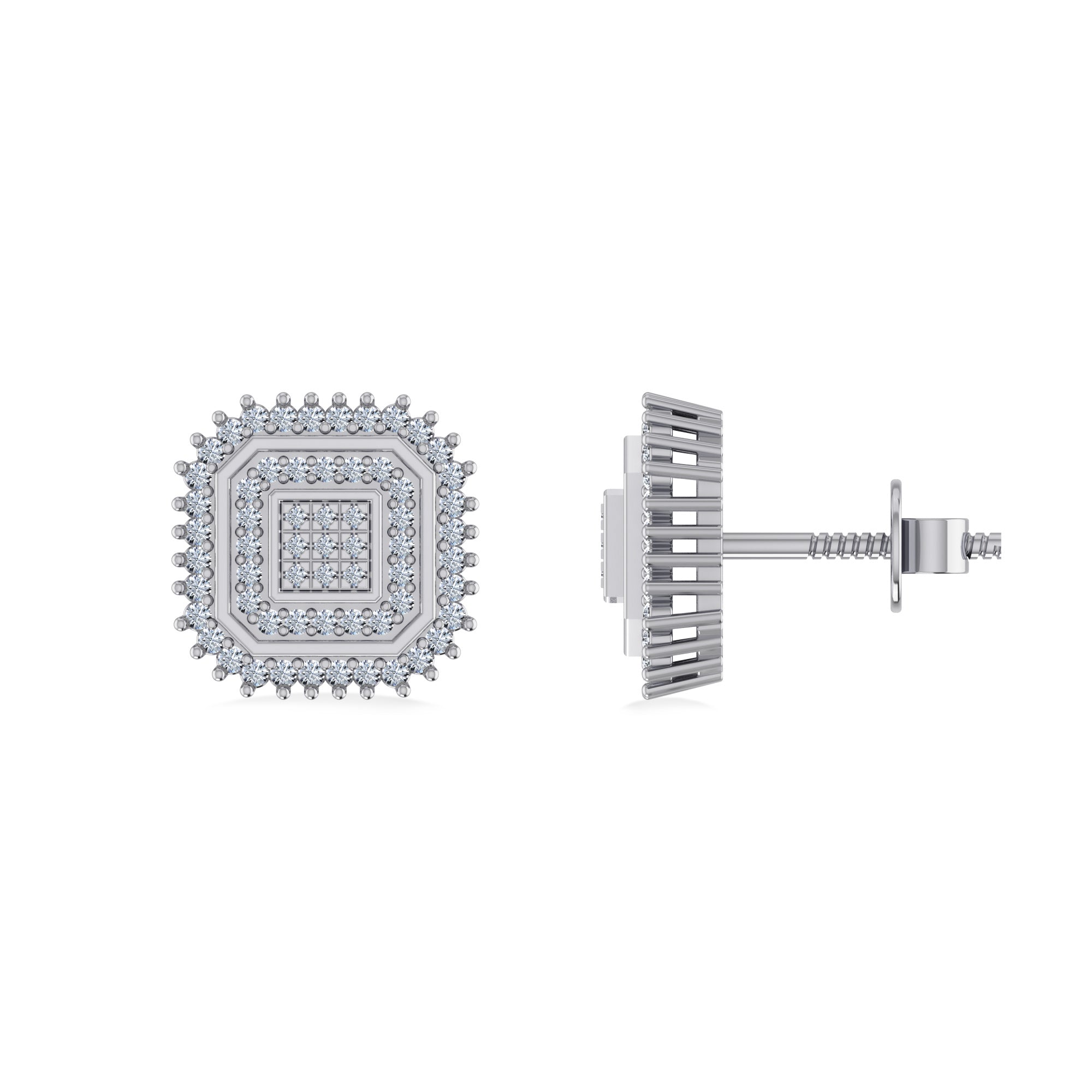 10K White Gold Round Diamond Square Shape Designer Mens Stud Earring 1/5 Cttw crafted in white gold with round brilliant diamonds