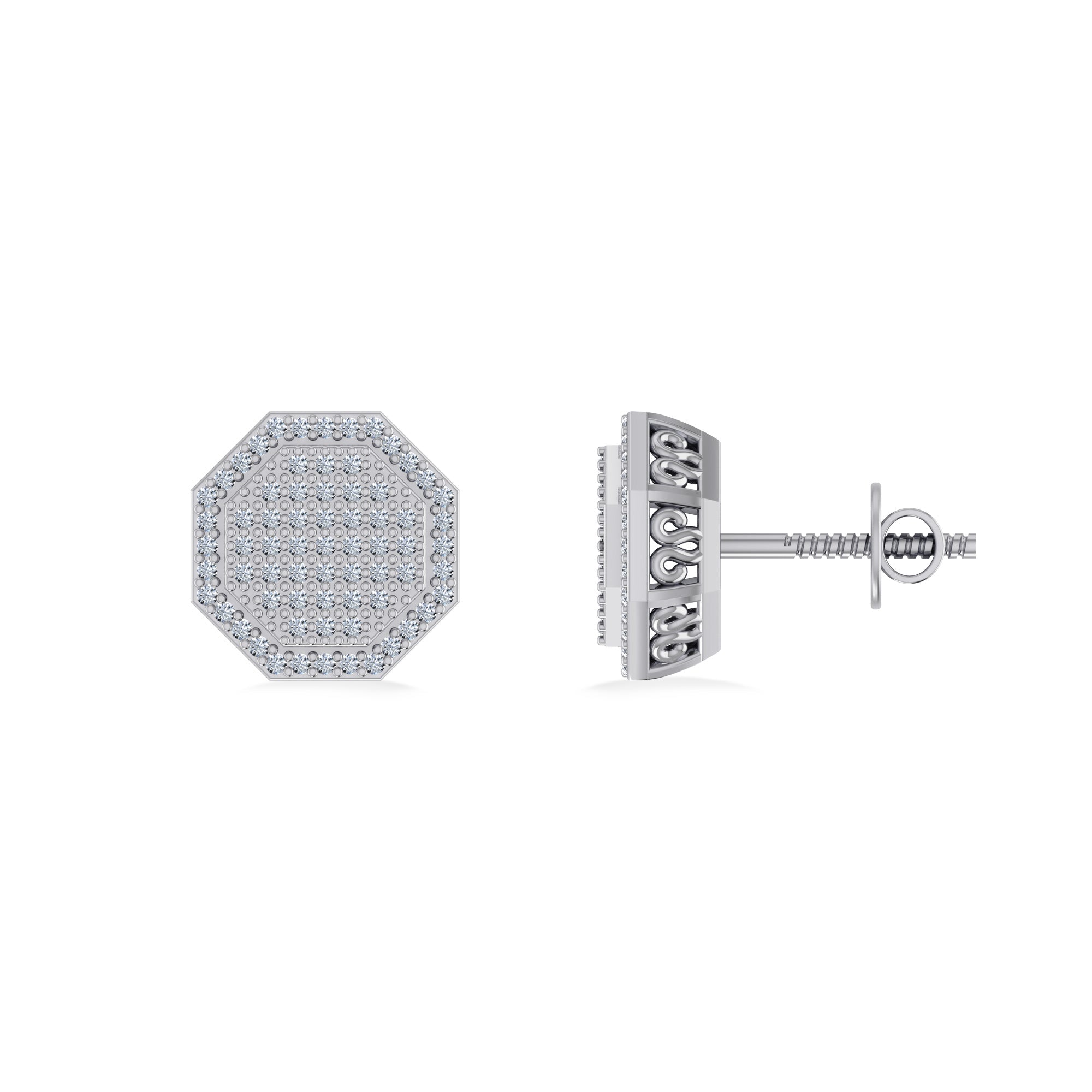 10K White Gold Round Diamond Octagon Shape Designer Mens Stud Earring 1/4 Cttw