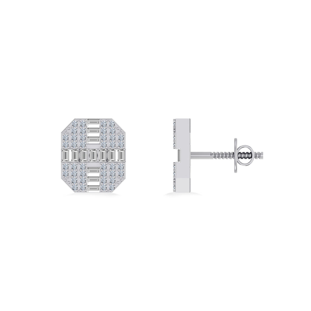 10K White Gold Round Baguette Diamond Designer Mens Stud Earring 1/3 Cttw