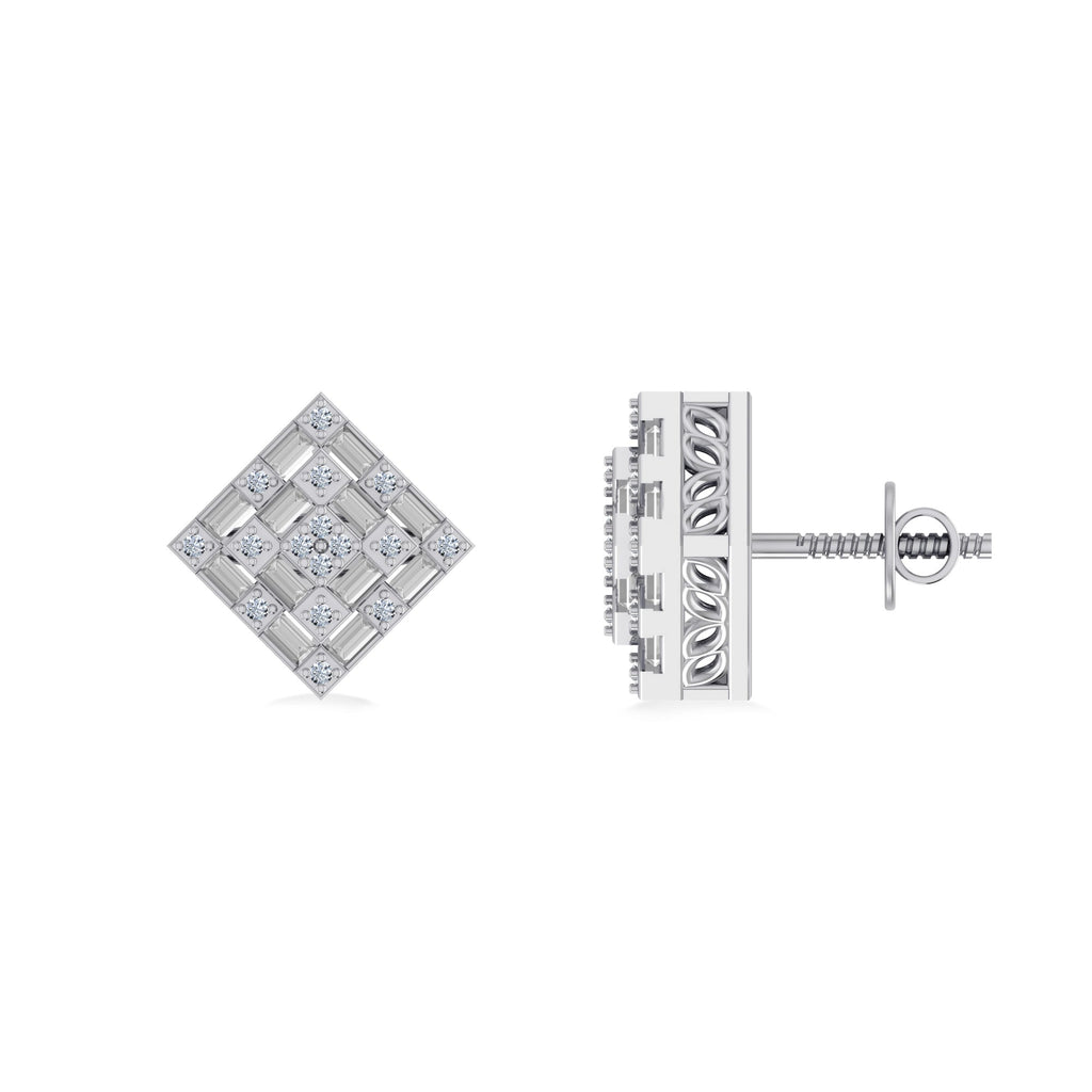 10K White Gold Round Baguette Diamond Square Shape Designer Mens Stud Earring 1/3 Cttw