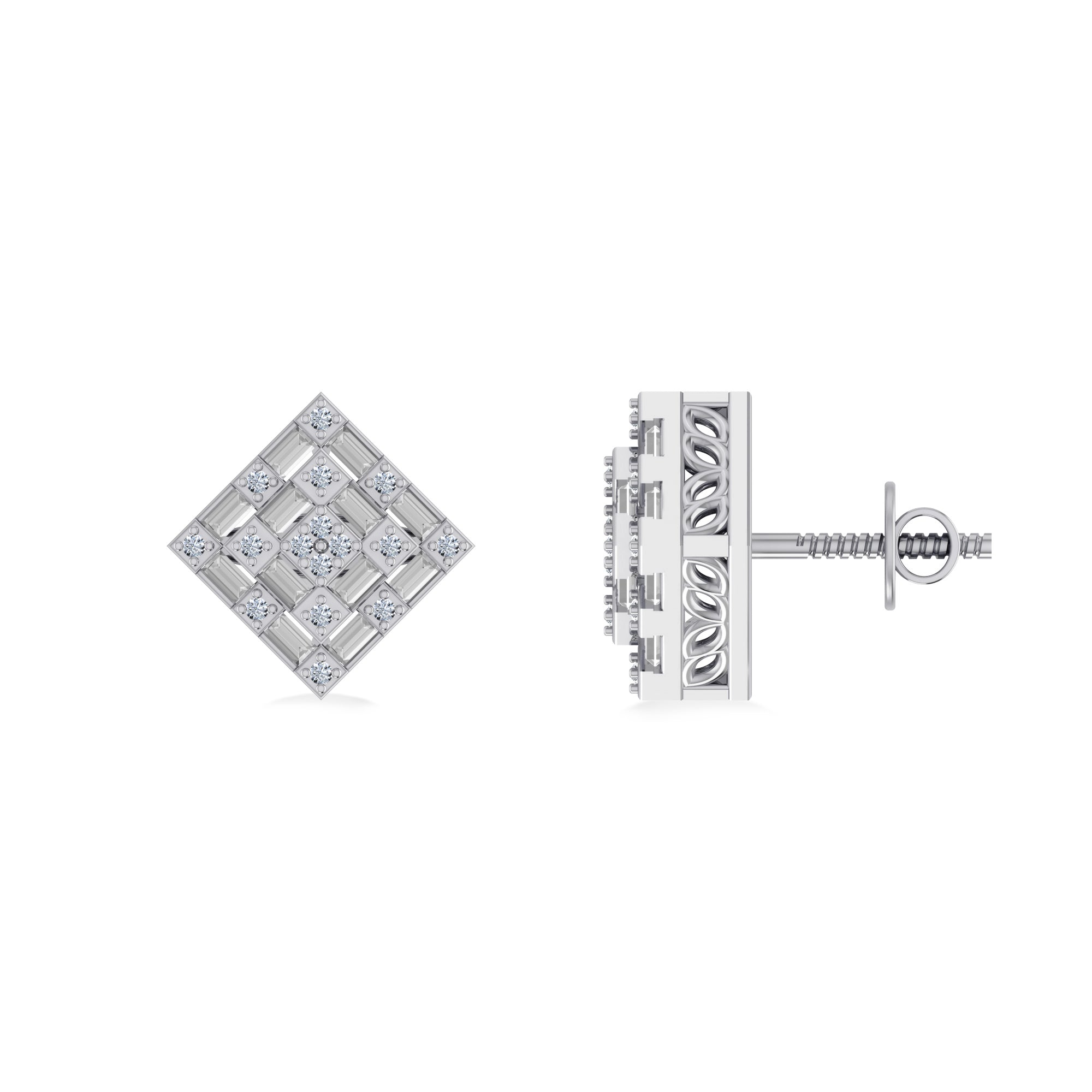 10K White Gold Round Baguette Diamond Square Shape Designer Mens Stud Earring 1/3 Cttw