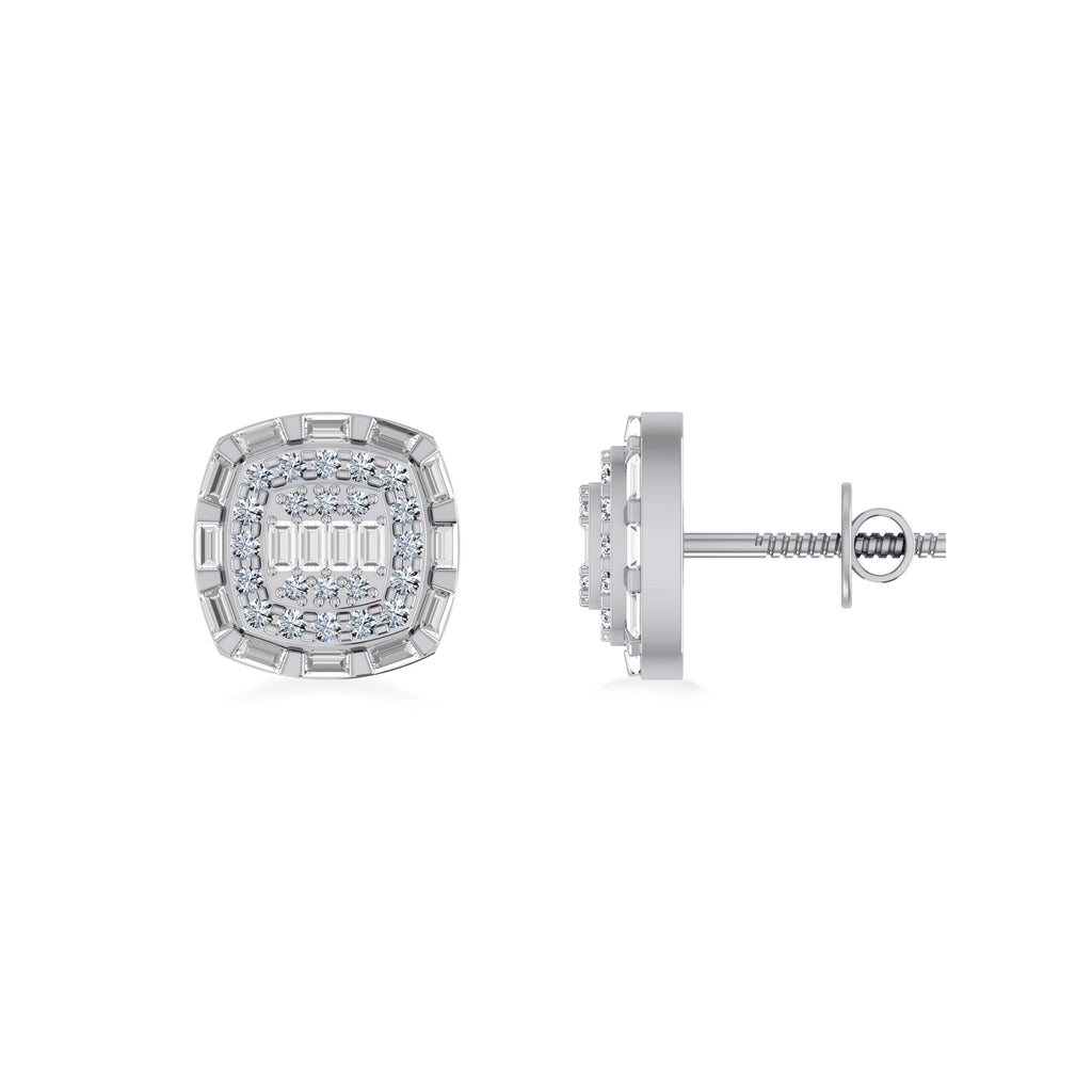 10K White Gold Round Baguette Diamond Square Designer Earring 3/4 Cttw