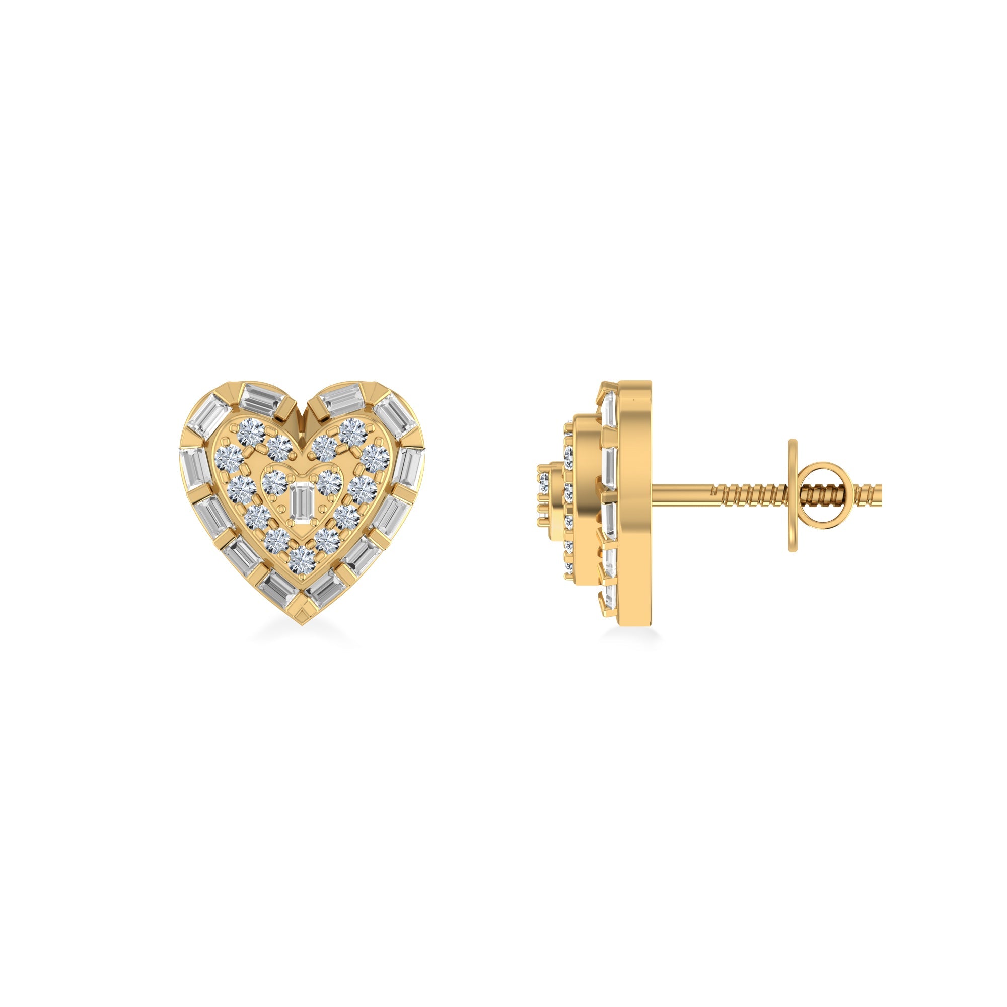 10K Yellow Gold Round Baguette Diamond Heart Designer Earring 3/8 Cttw crafted in yellow gold with brilliant-cut diamonds