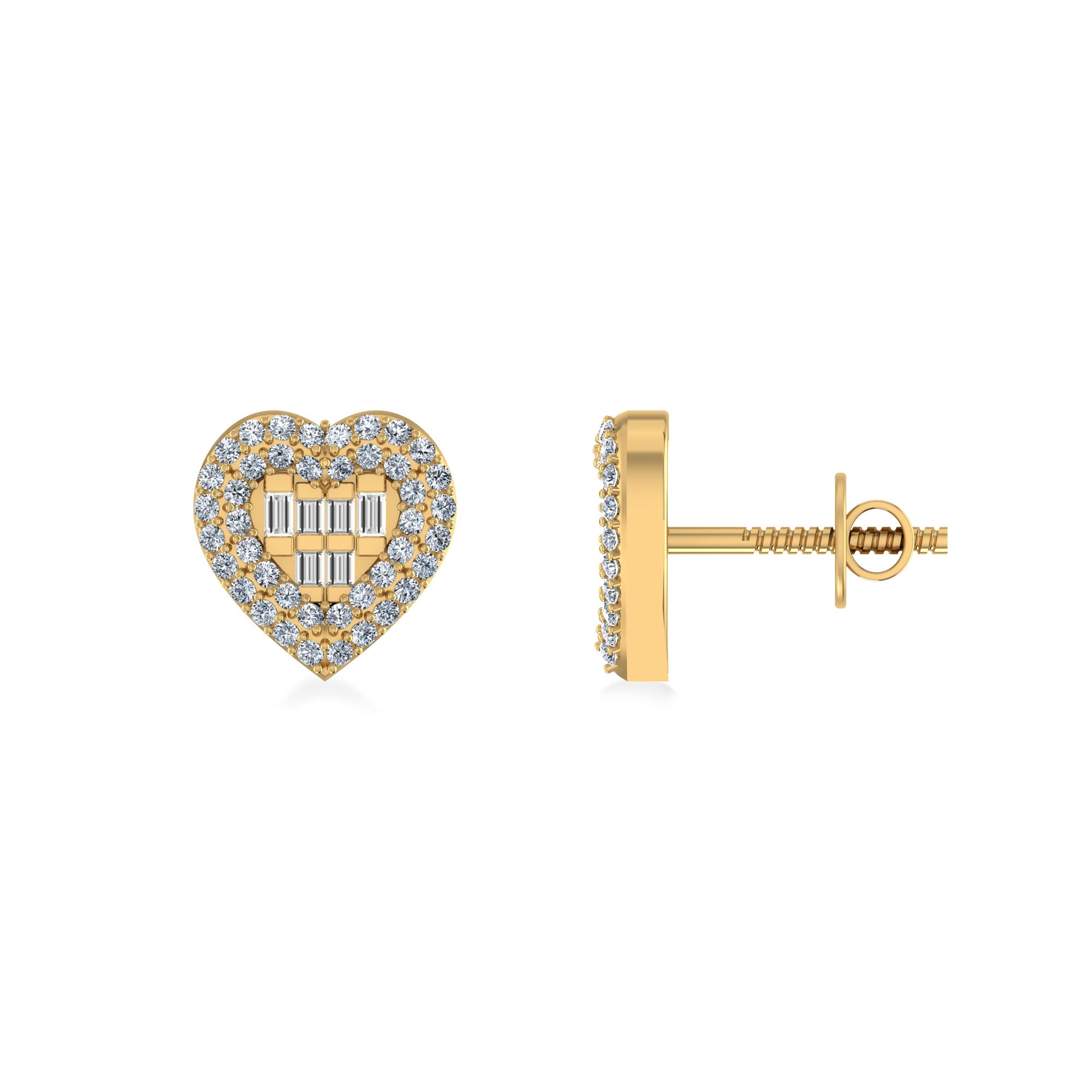 10K Yellow Gold Round Baguette Diamond Halo Heart Designer Earring 1/3 Cttw crafted in 14K gold with brilliant-cut diamonds