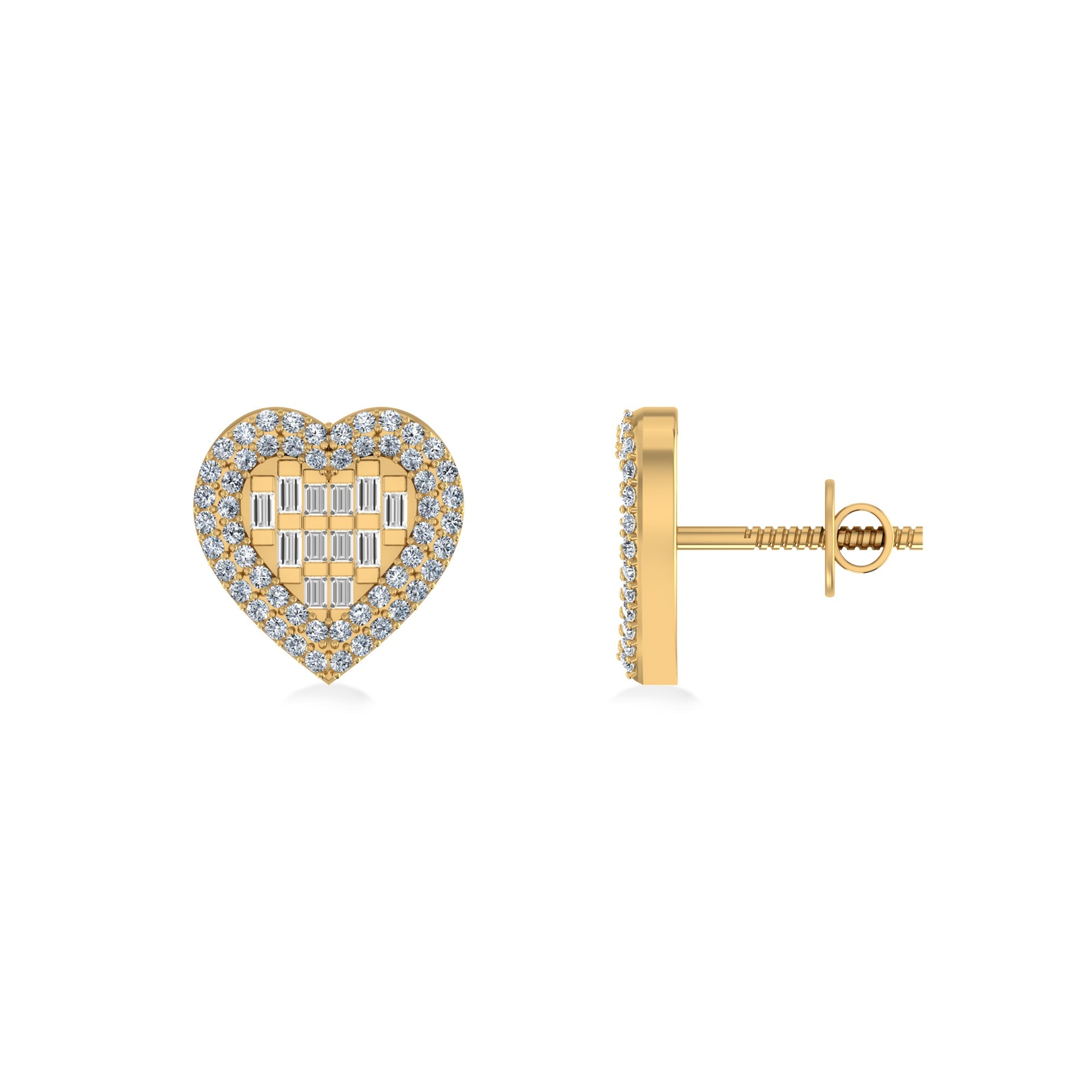 10K Yellow Gold Round Baguette Diamond Halo Heart Designer Earring 1/2 Cttw crafted in 14K gold with round brilliant diamonds