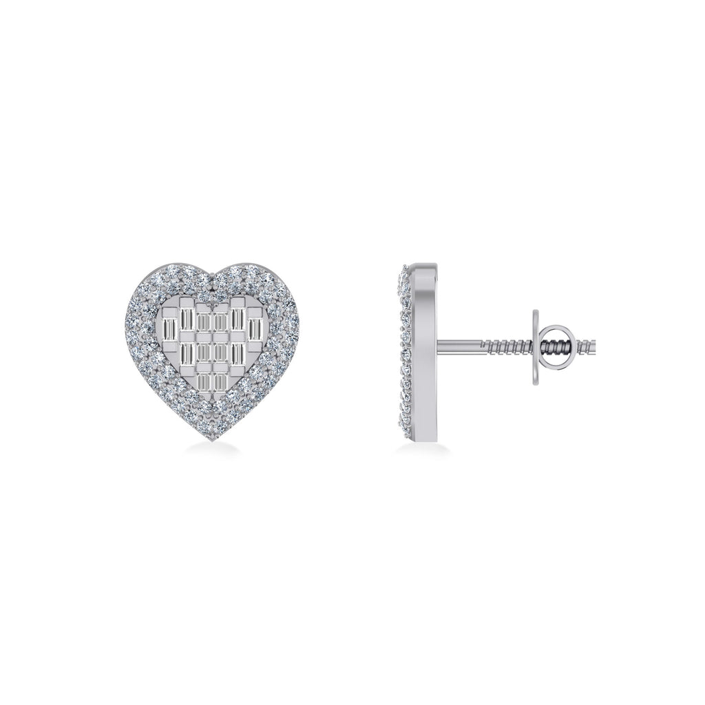 10K White Gold Round Baguette Diamond Halo Heart Designer Earring 1/2 Cttw crafted in 18K gold with brilliant-cut diamonds