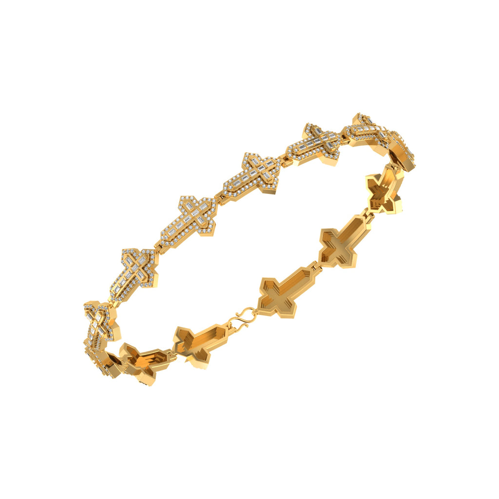 10K Yellow Gold Round Baguette Diamond Cross Religious 8 Inch Bracelet 2 Cttw crafted in 14K gold with round brilliant diamonds