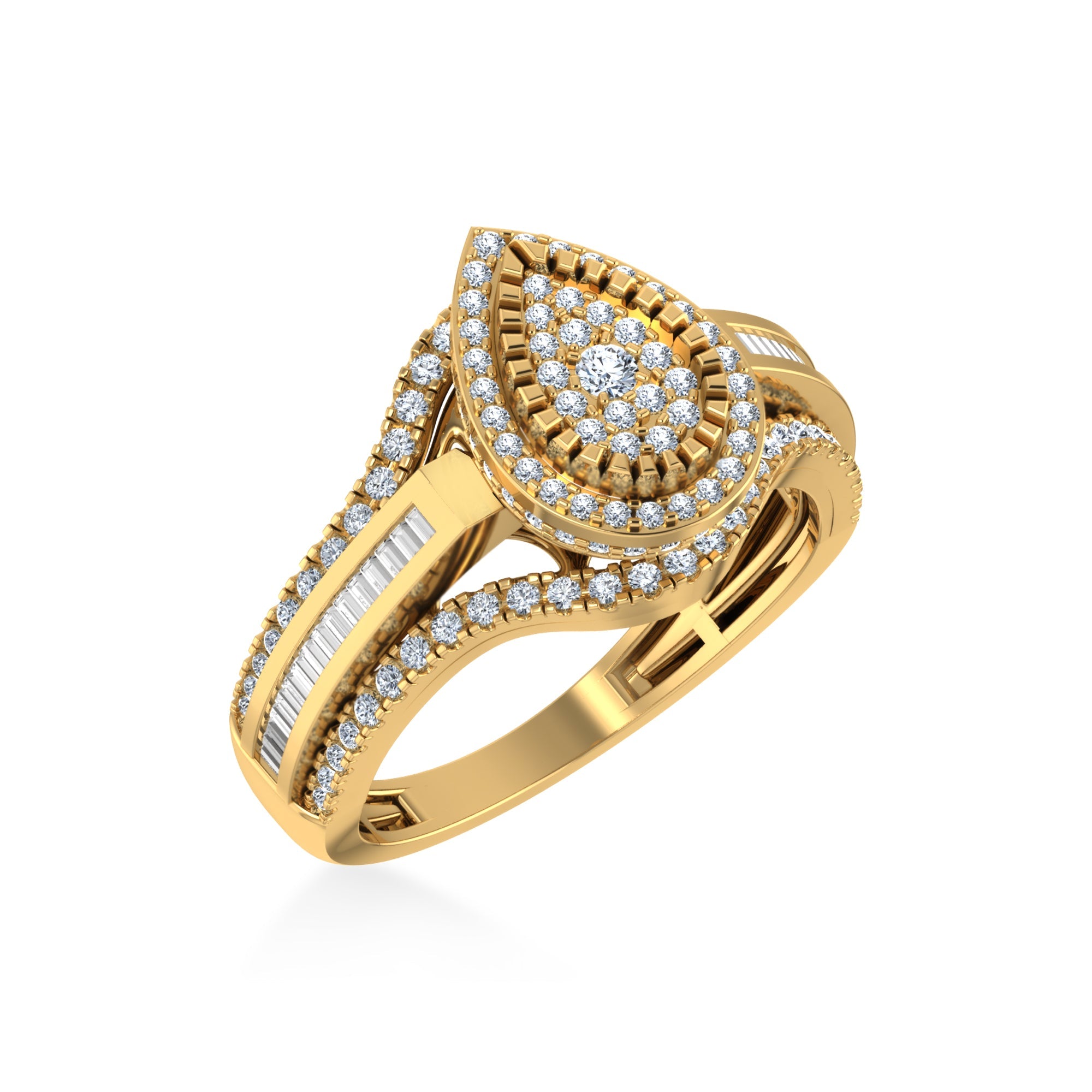 10K Yellow Gold Round Baguette Diamond Pear Shape Sz 7 Designer Ladies Ring 3/4 Cttw