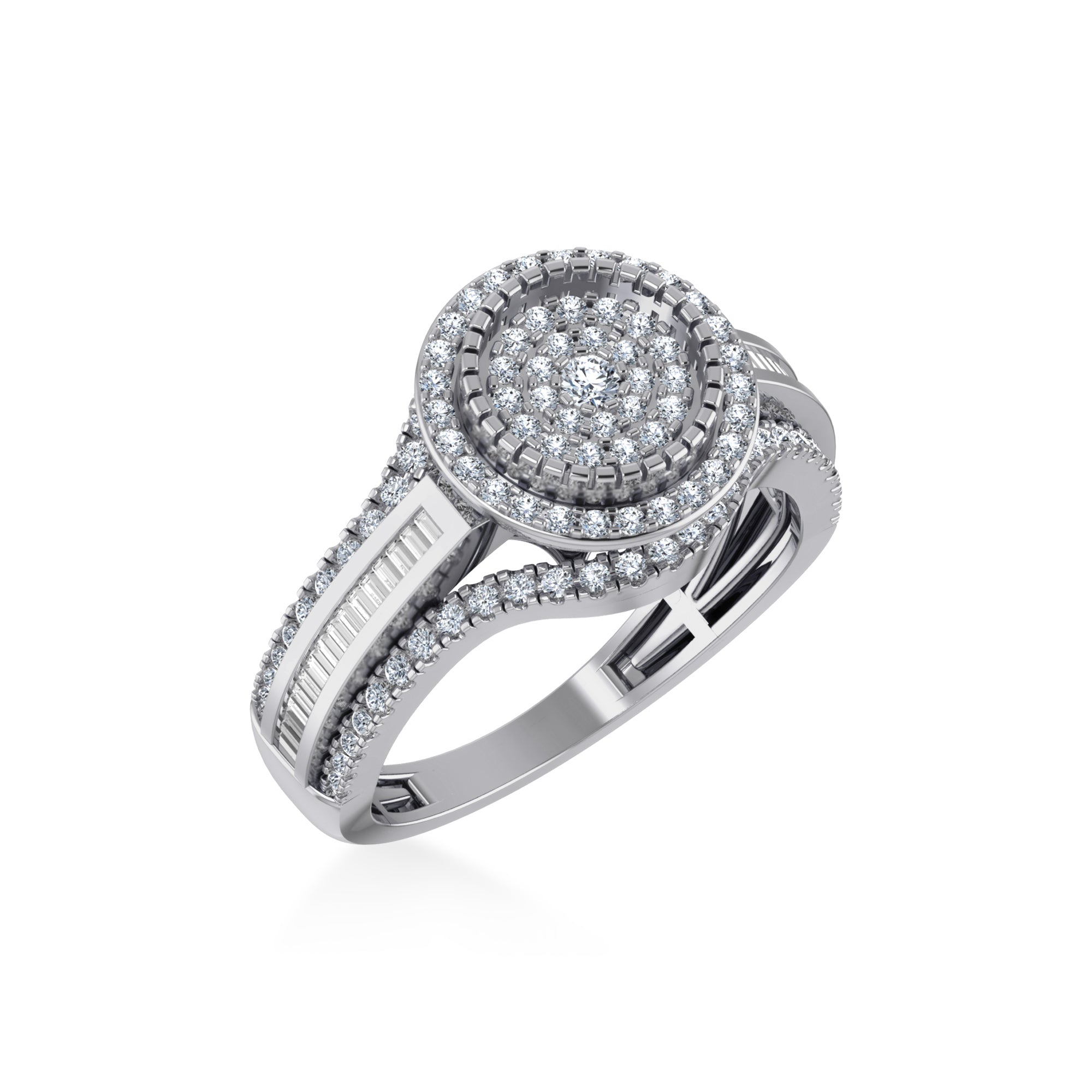 10K White Gold Round Baguette Diamond Halo Sz 7 Designer Ladies Ring 7/8 Cttw crafted in 14K gold with natural diamonds