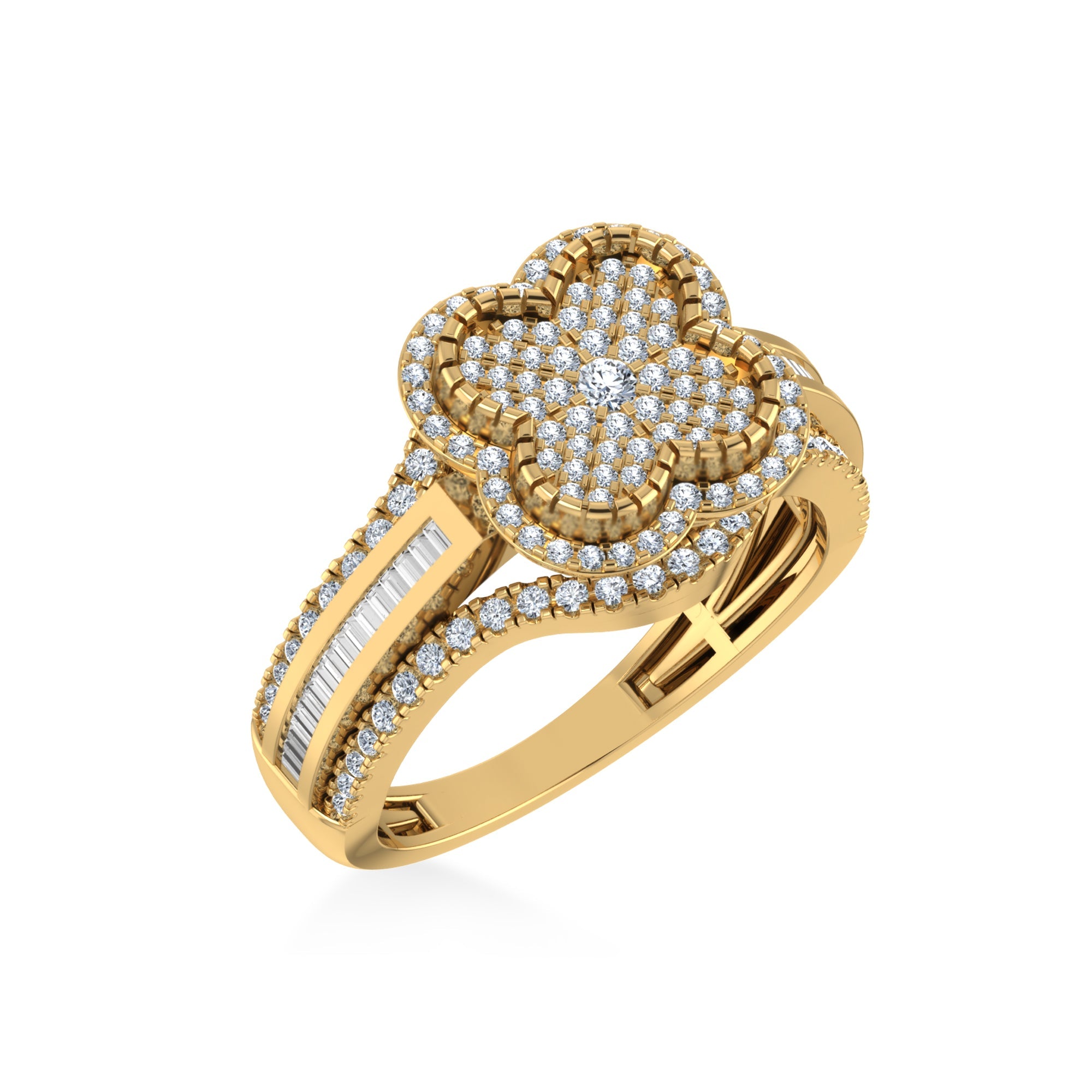 10K Yellow Gold Round Baguette Diamond Floral Sz 7 Designer Ladies Ring 7/8 Cttw