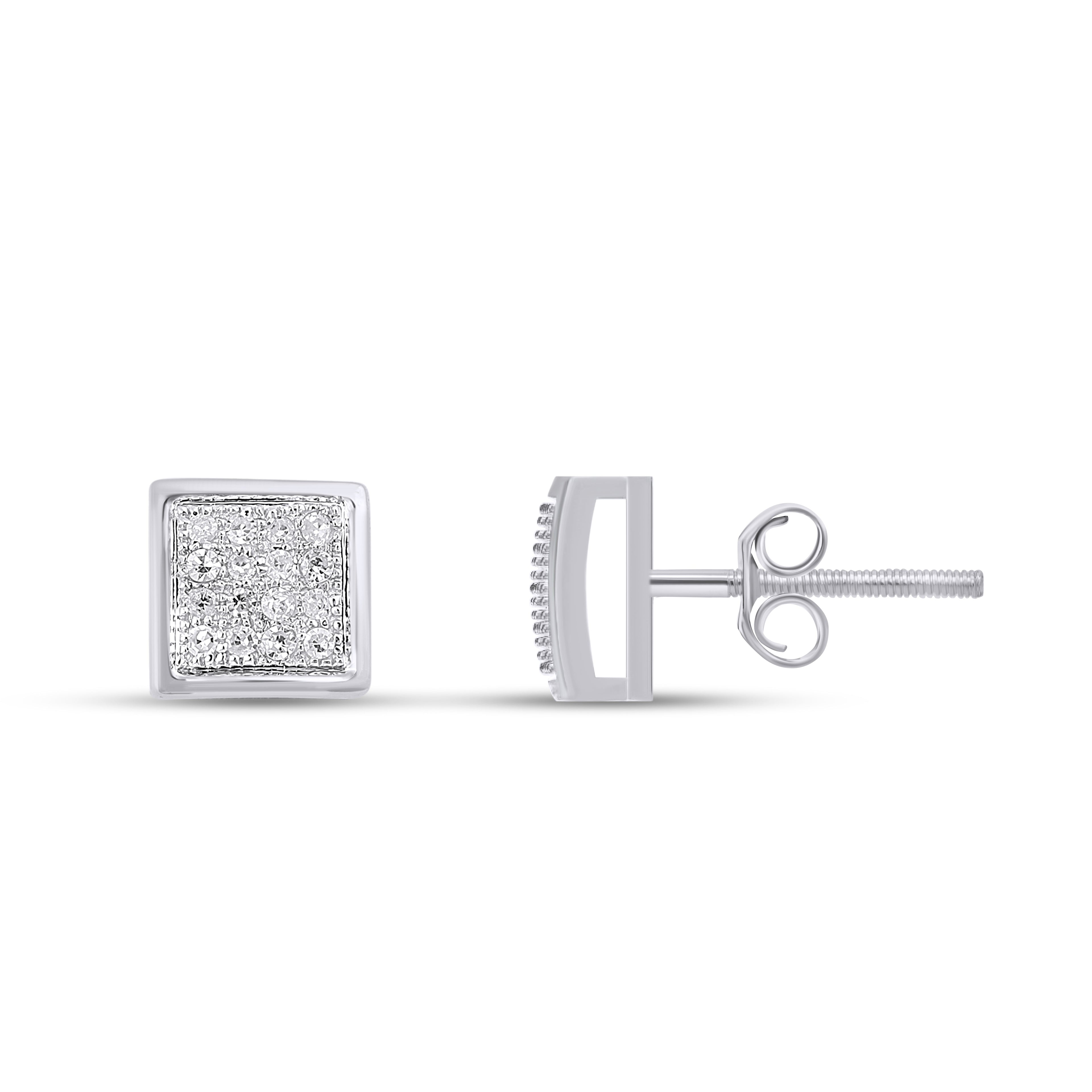 10K White Gold Round Diamond Square Stud Earring 1/10 Cttw crafted in white gold with natural diamonds