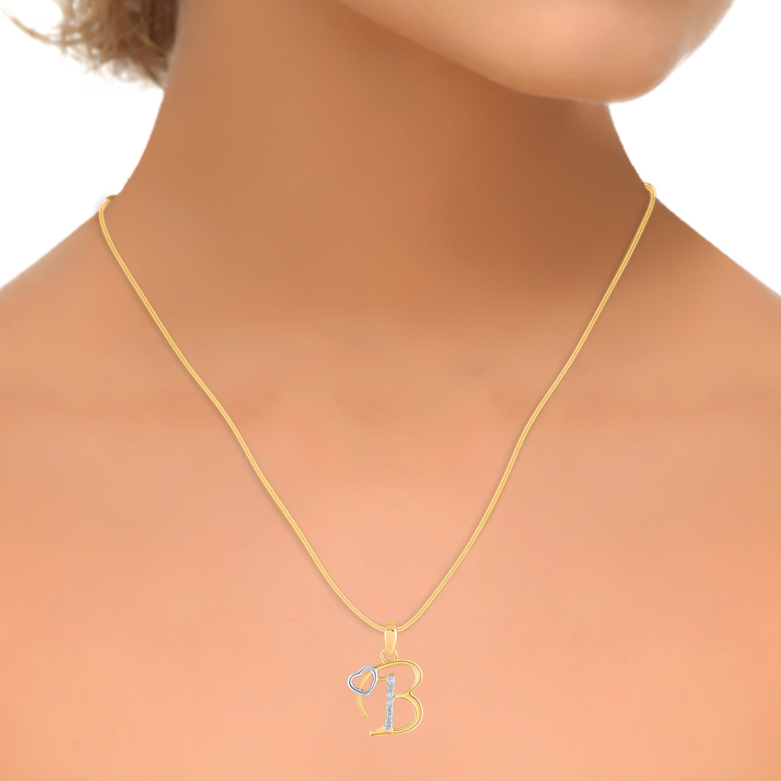10K Yellow Gold Round Diamond B Letter Initial With Heart Pendant 1/10 Cttw