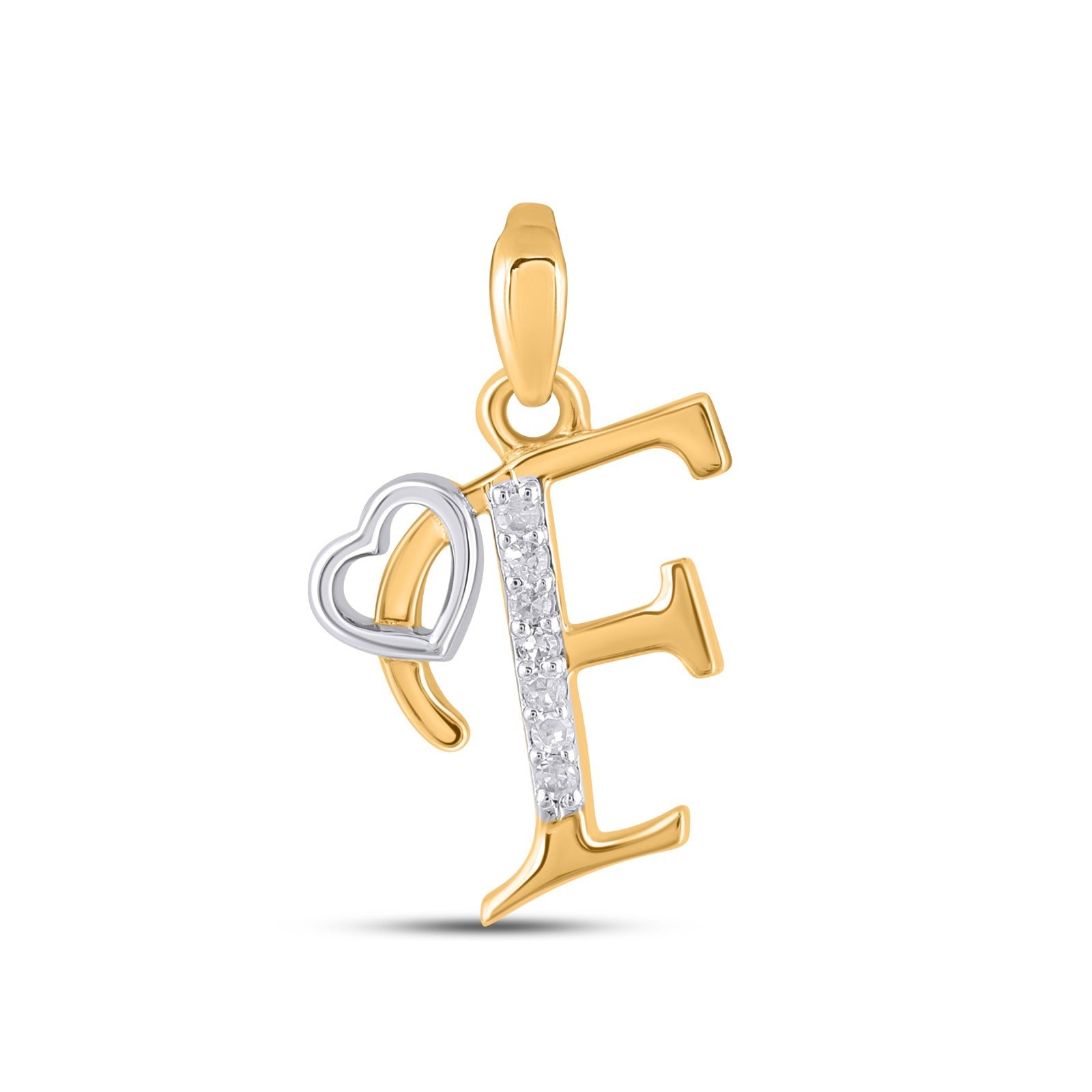 10K Yellow Gold Round Diamond F Letter Initial With Heart Pendant 1/10 Cttw