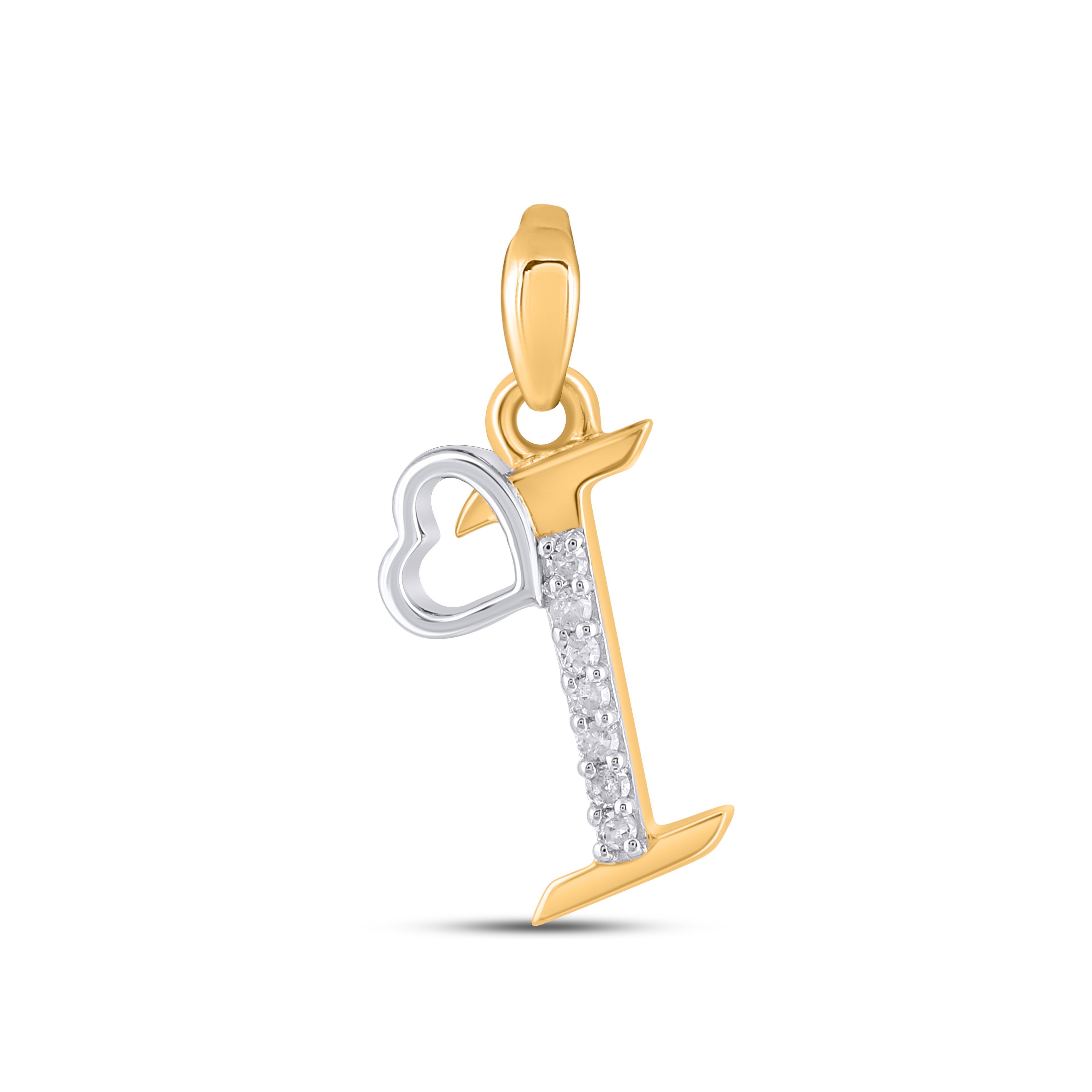 10K Yellow Gold Round Diamond I Letter Initial With Heart Pendant 1/10 Cttw crafted in yellow gold with round brilliant diamonds