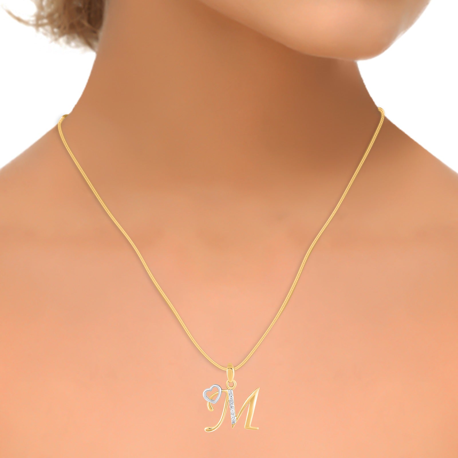 10K Yellow Gold Round Diamond M Letter Initial With Heart Pendant 1/10 Cttw