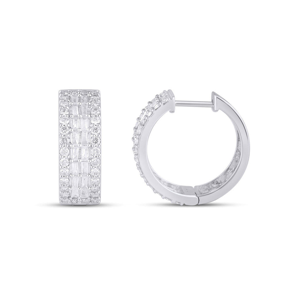10K White Gold Round Baguette Diamond 3 Row Designer Hoop Earring 1 Cttw crafted in rose gold with round brilliant diamonds