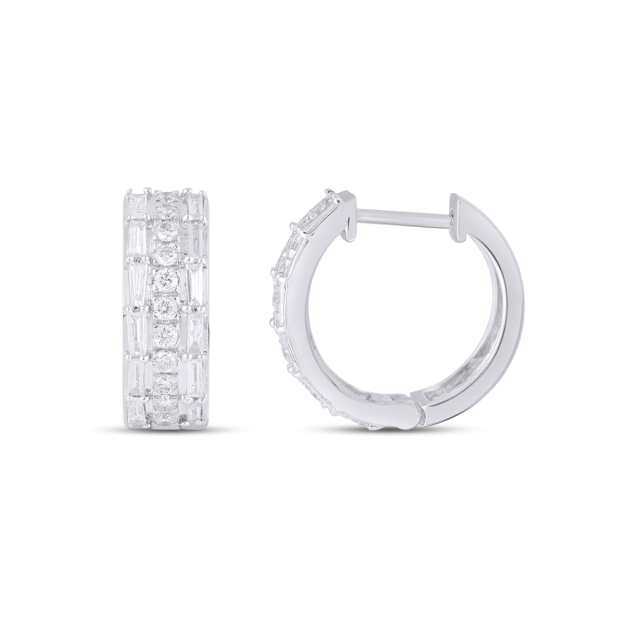 10K White Gold Round Baguette Diamond Designer Hoop Earring 5/8 Cttw crafted in rose gold with round brilliant diamonds