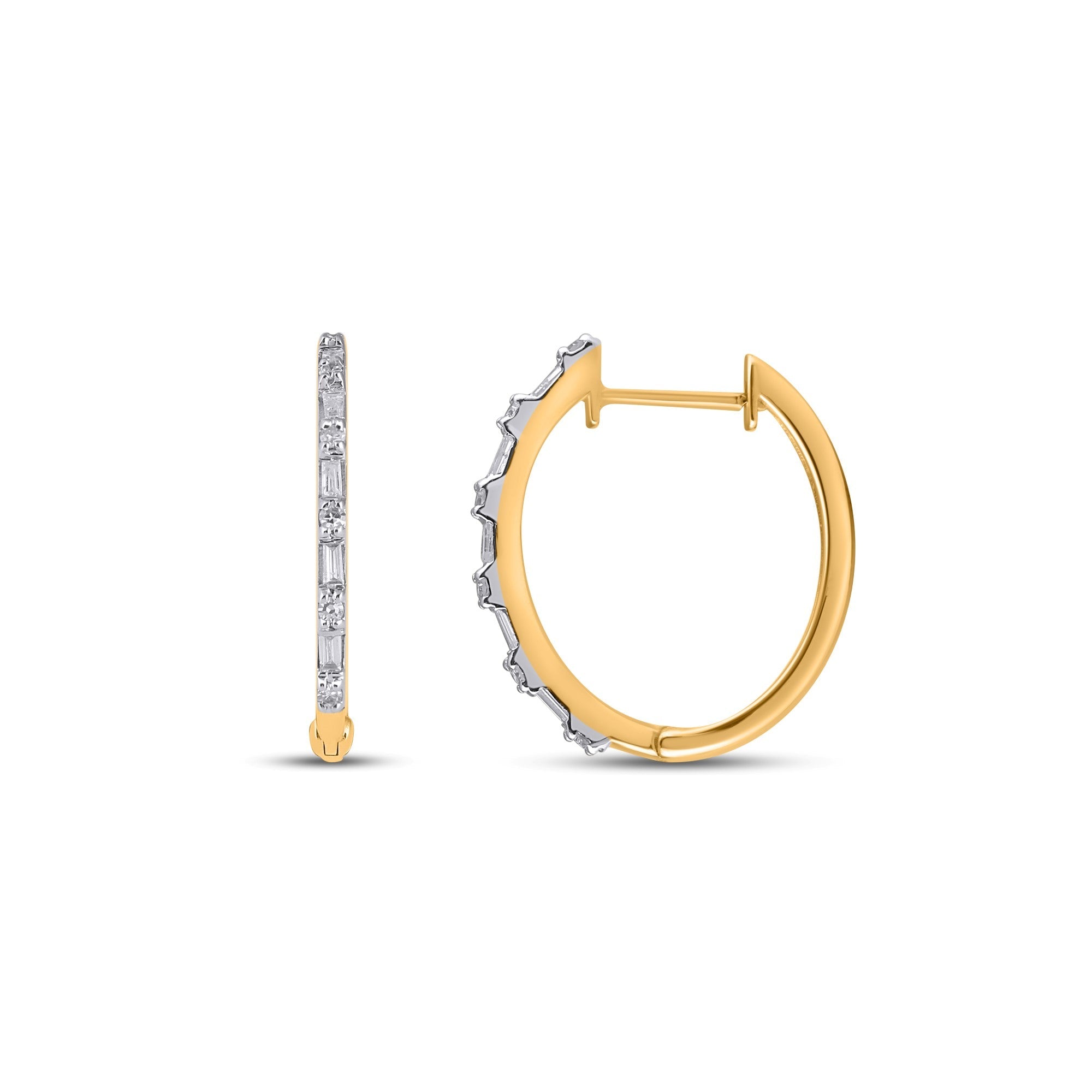 10K Yellow Gold Round Baguette Diamond Designer Hoop Earring 1/5 Cttw