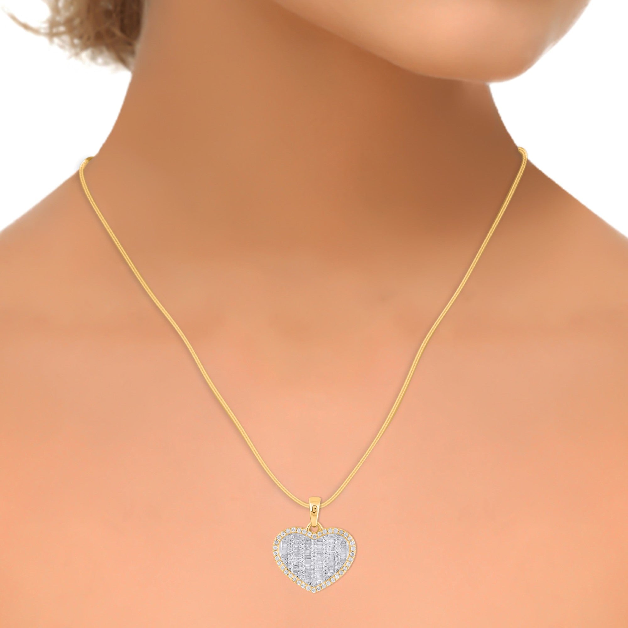 10K Yellow Gold Round Baguette Diamond Heart Pendant 1/2 Cttw
