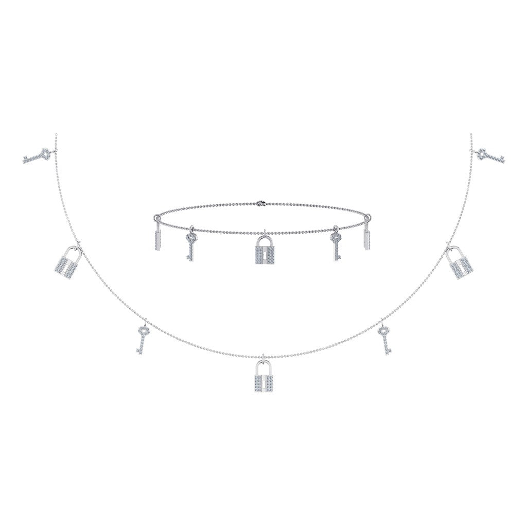 14K White Gold Lock & Key Link Necklace Bracelet Jewelry Set 1/2 Cttw crafted in 18K gold with round brilliant diamonds