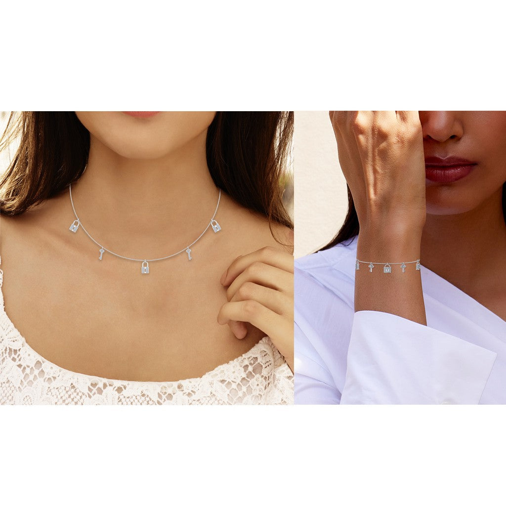 14K White Gold Lock & Key Link Necklace Bracelet Jewelry Set 1/2 Cttw