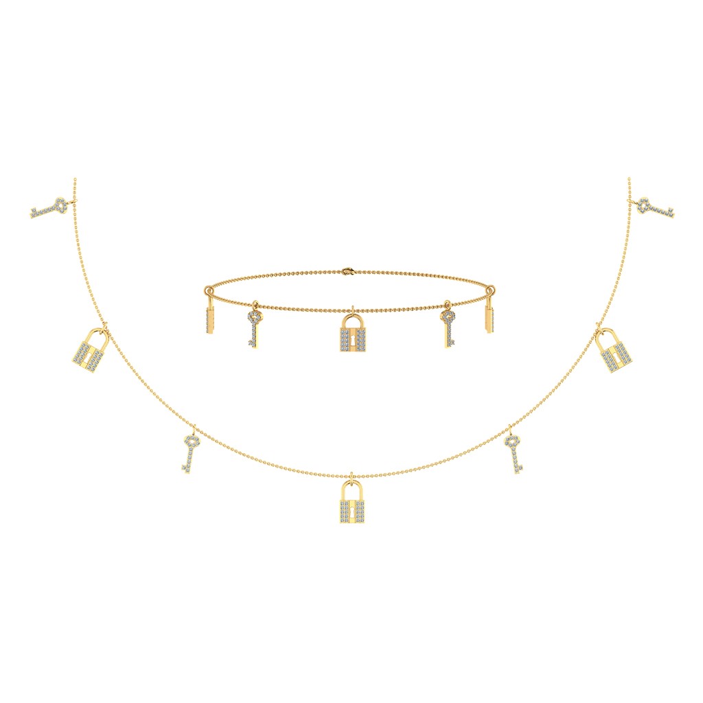 14K Yellow Gold Lock & Key Link Necklace Bracelet Jewelry Set 1/2 Cttw crafted in 18K gold with round brilliant diamonds