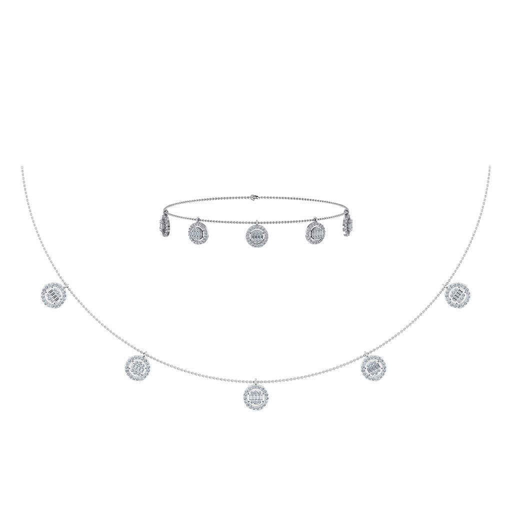 14K White Gold Baguette Round Necklace Bracelet Set 1 Cttw