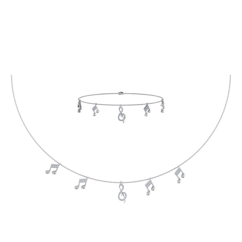 14K White Gold Music Note Necklace Bracelet Set 1/3 Cttw