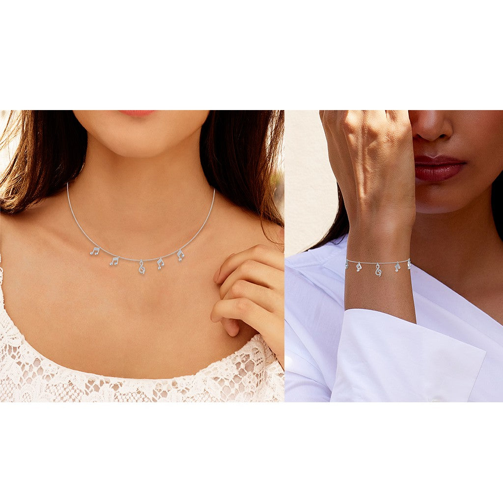 14K White Gold Music Note Necklace Bracelet Set 1/3 Cttw