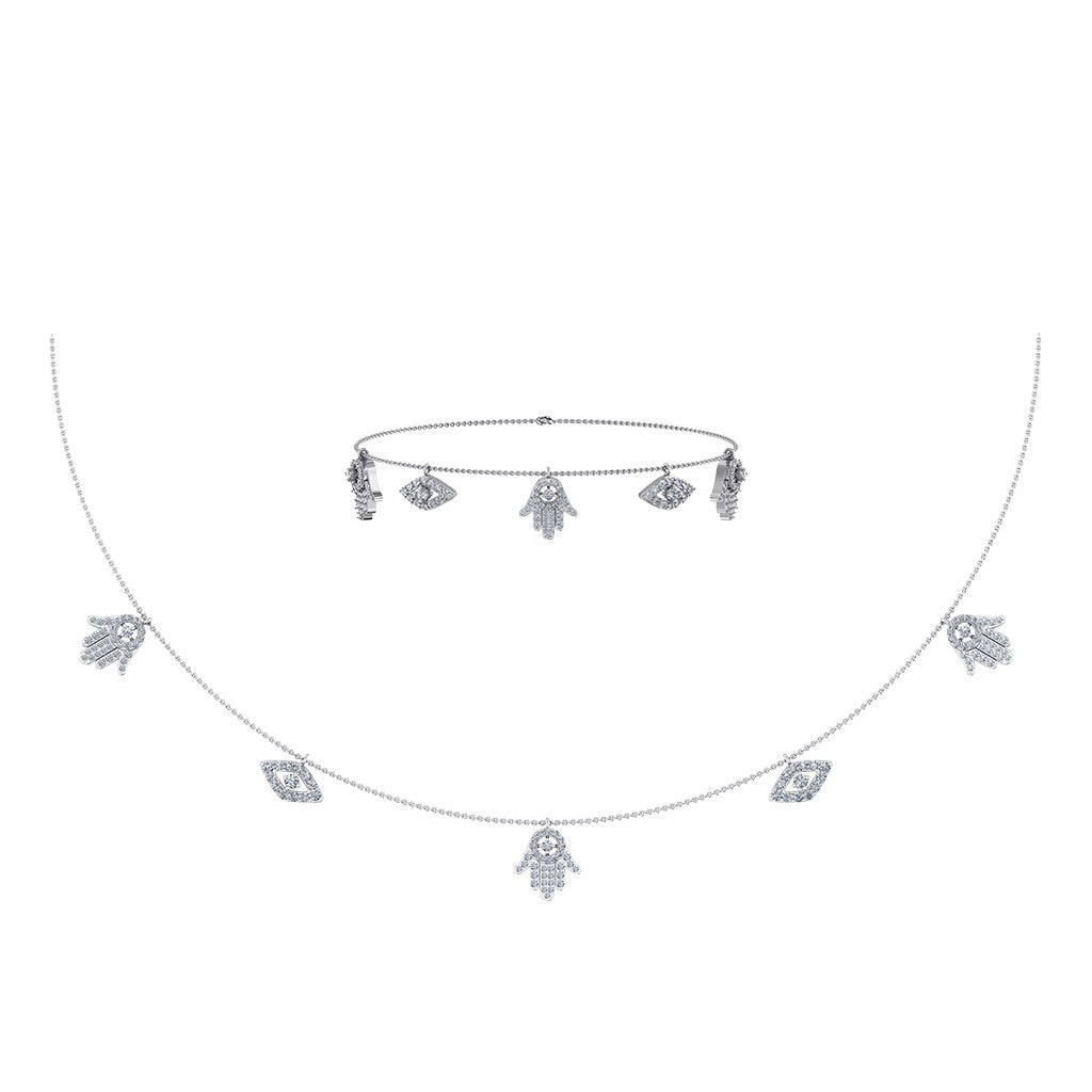 14K White Gold Hamsa Hand Evil Eye Necklace Bracelet Set 1-1/4 Cttw crafted in rose gold with brilliant-cut diamonds