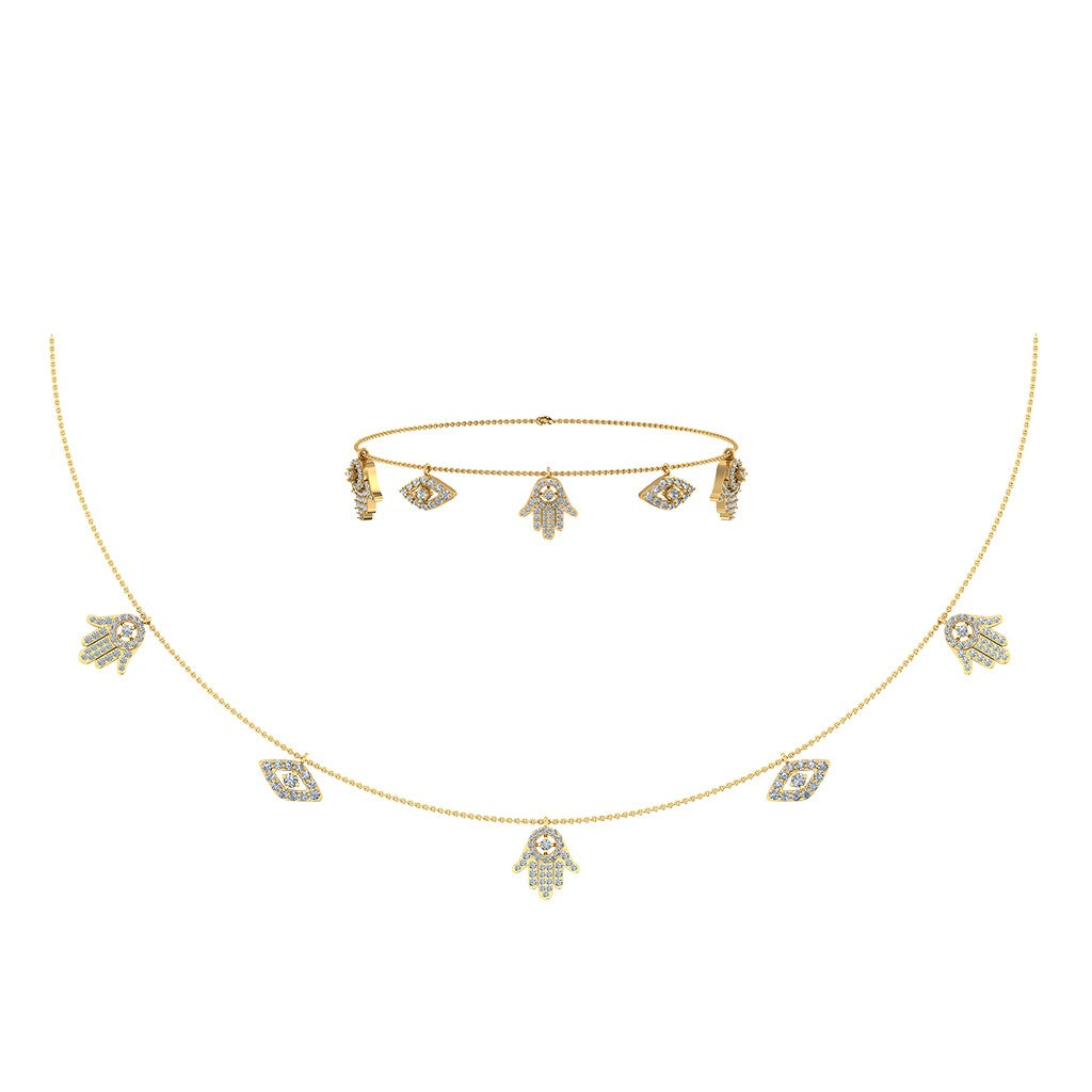 14K Yellow Gold Hamsa Hand Evil Eye Necklace Bracelet Set 1-1/4 Cttw crafted in 14K gold with round brilliant diamonds
