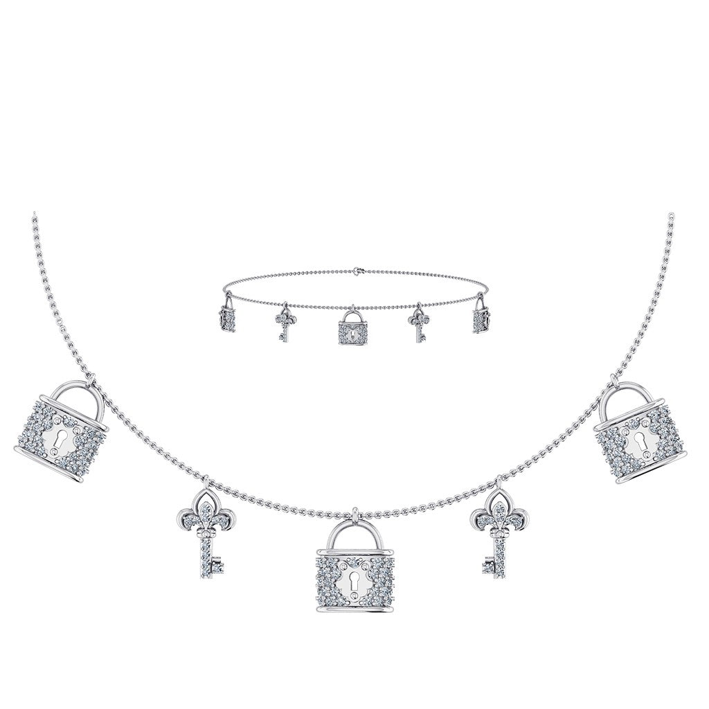 14K White Gold Lock & Key Necklace Bracelet Jewelry Set 5/8 Cttw crafted in white gold with natural diamonds
