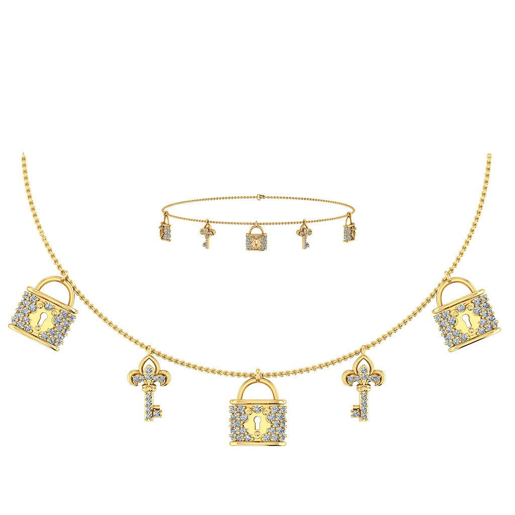 14K Yellow Gold Lock & Key Necklace Bracelet Set 5/8 Cttw