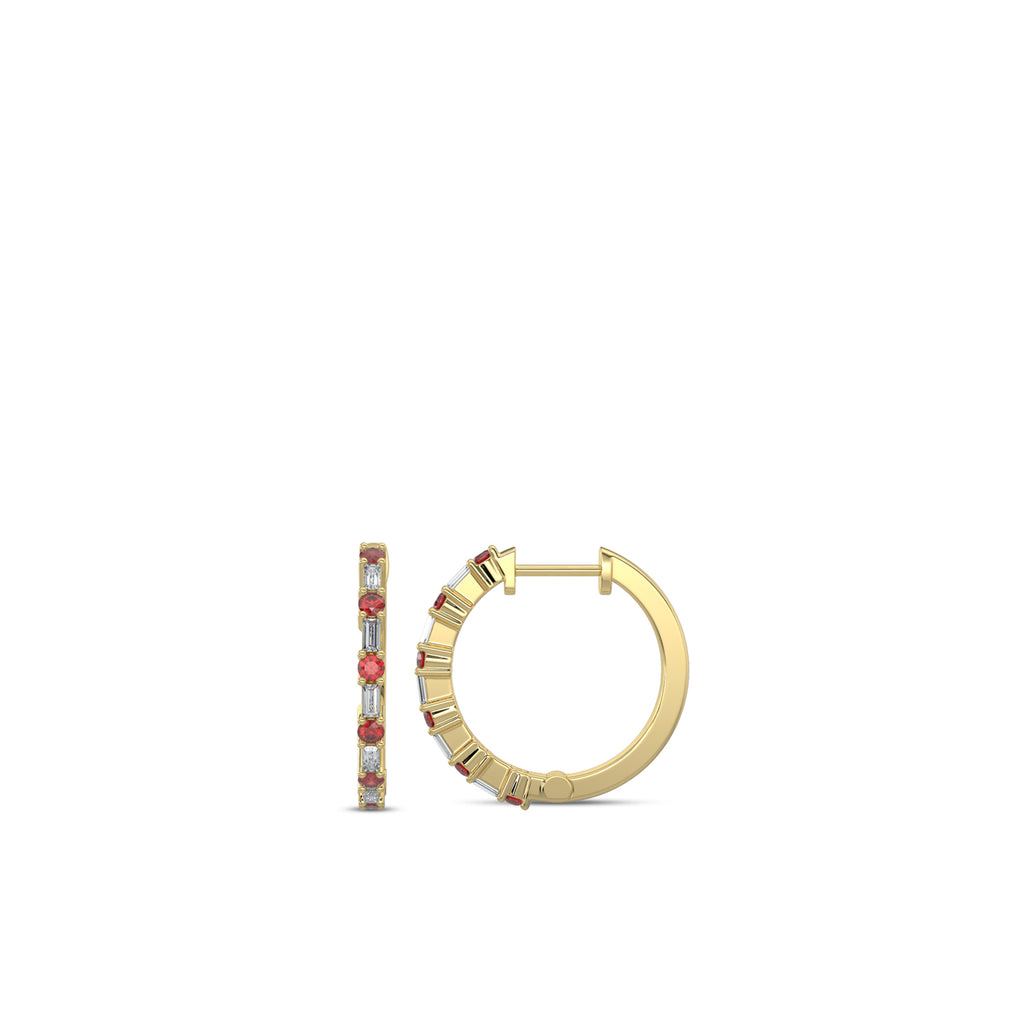 0.20 Ctw Diamond Dot with Alt Bagguet Ruby Earring Hoops