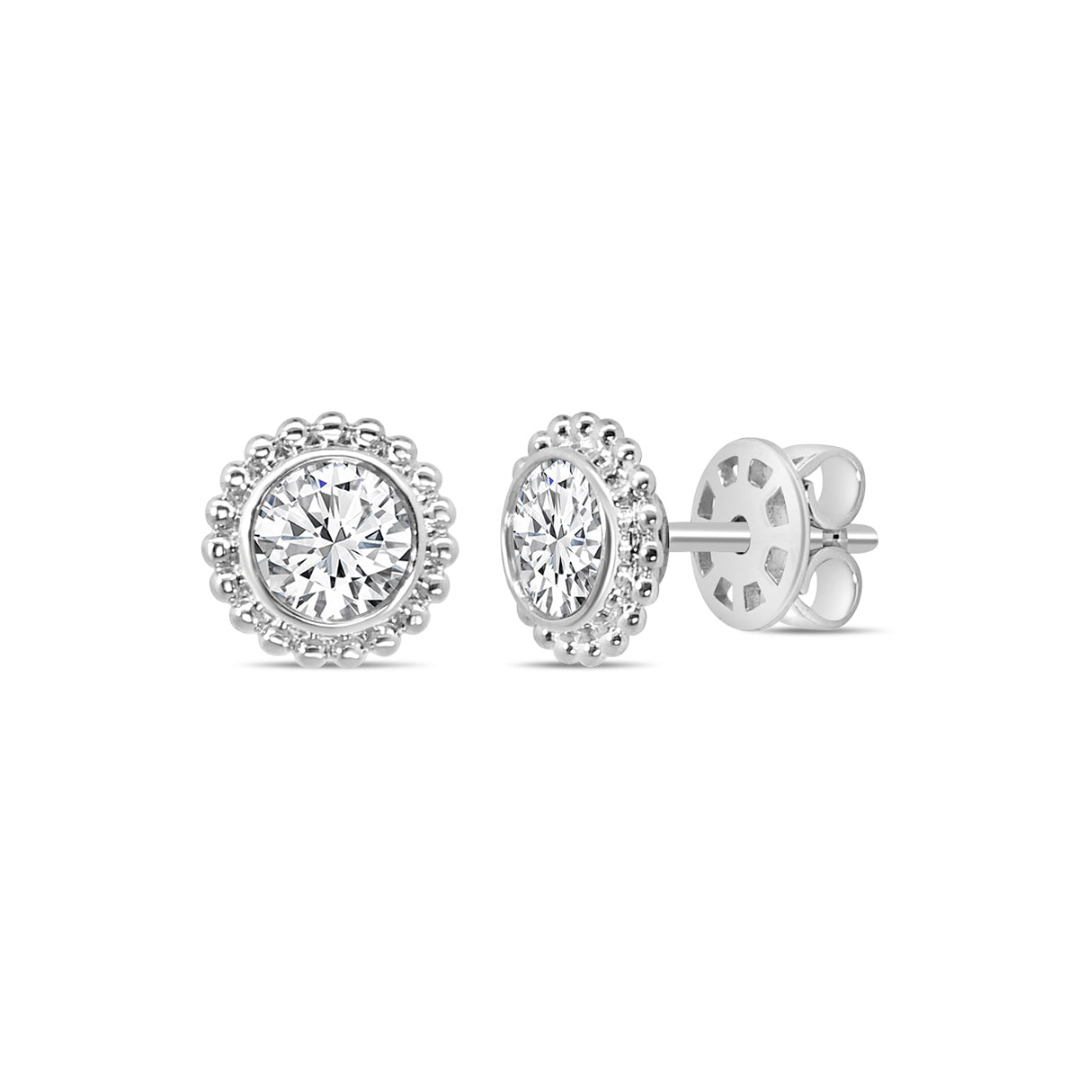 1.00 Ctw RD Diamond Bezel-Set Beaded Stud with Medium Push Back